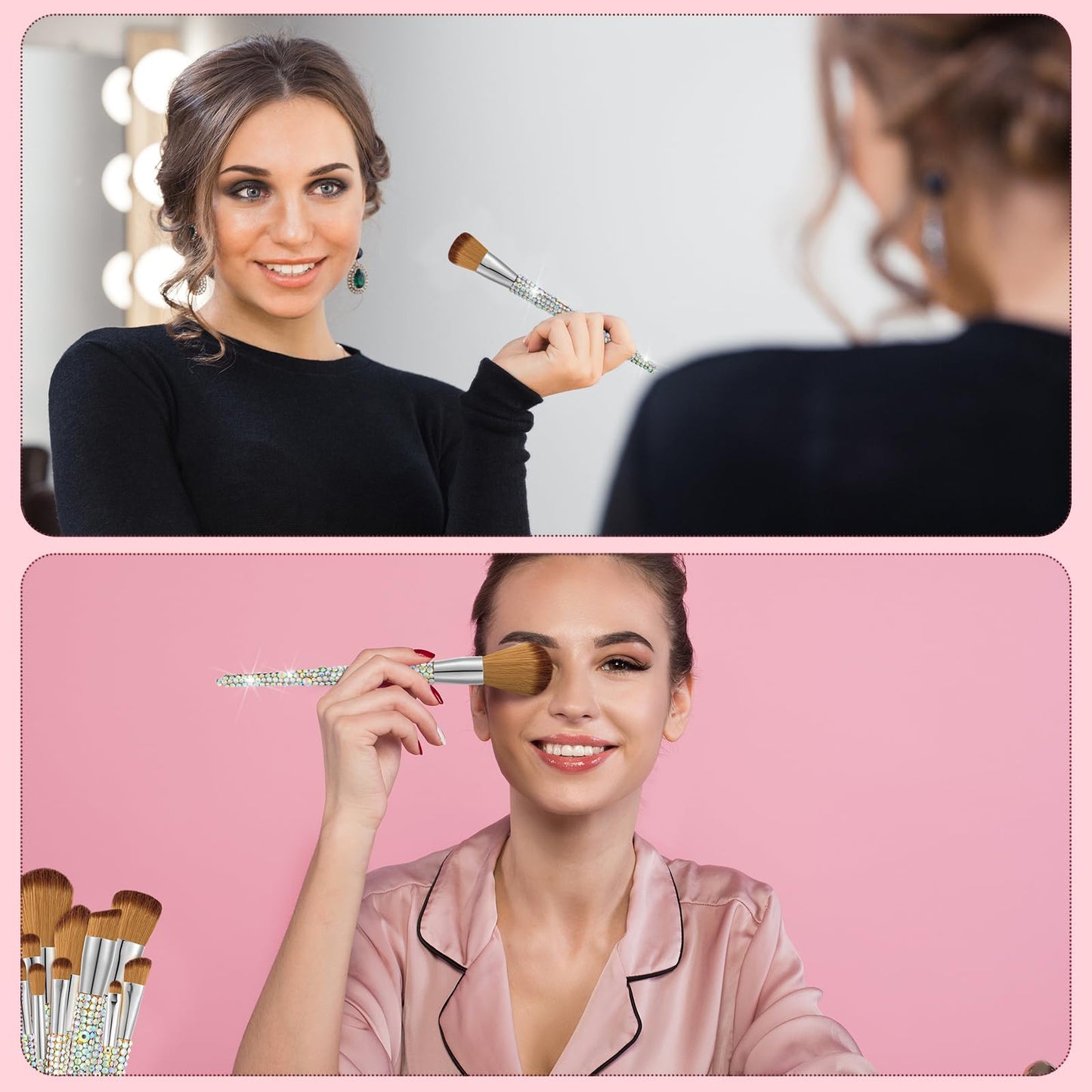 13 Pieces Rhinestone Makeup Brushes Set Bling Crystal Professional Face Cosmetics Blending Liquid Foundation Powder Concealer Eye Shadows Make up Beauty Tool Glitter with Holder (Silver, Yellow)