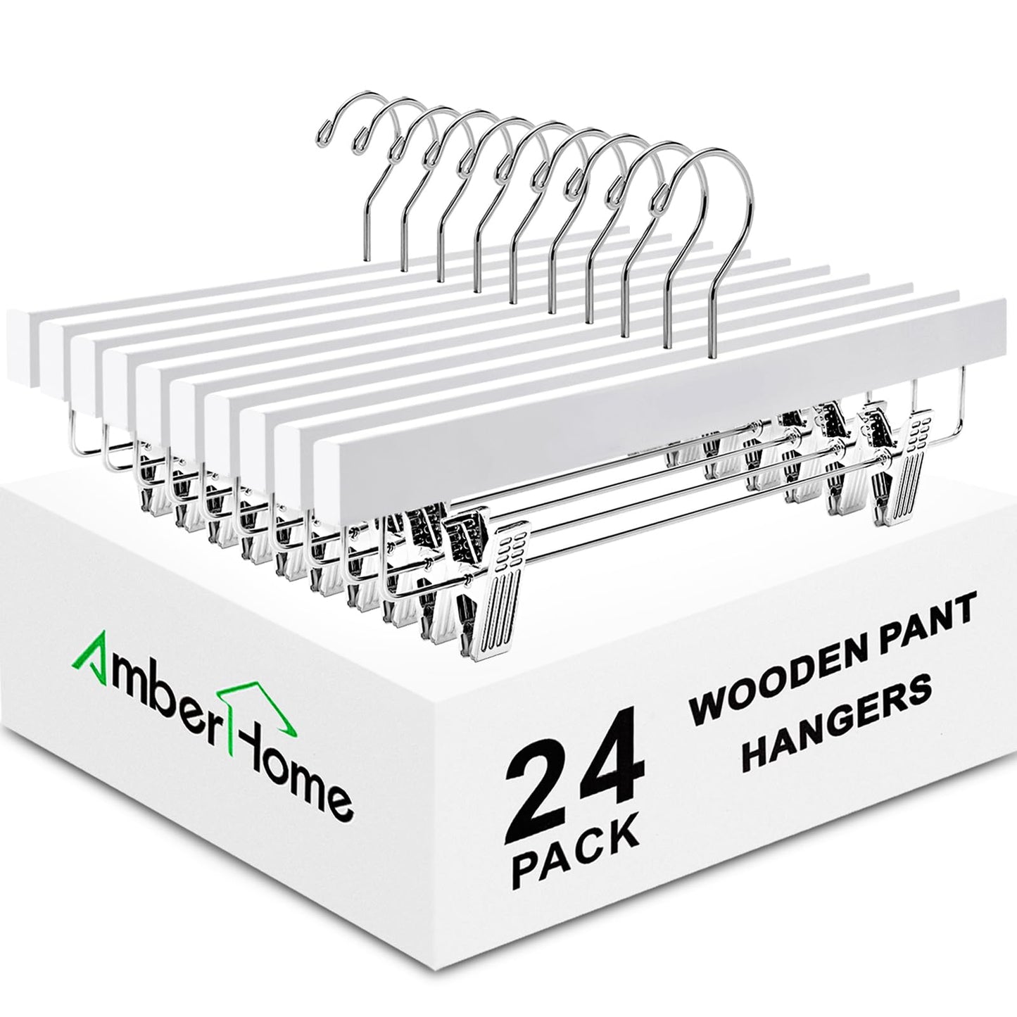 Amber Home 24 Pack White Wooden Pants Hangers with Clips, 14" Wood Skirt & Trousers Hangers, Closet Hangers for Jeans, Slacks, Shorts, with 2-Adjustable Clips (White, 24)