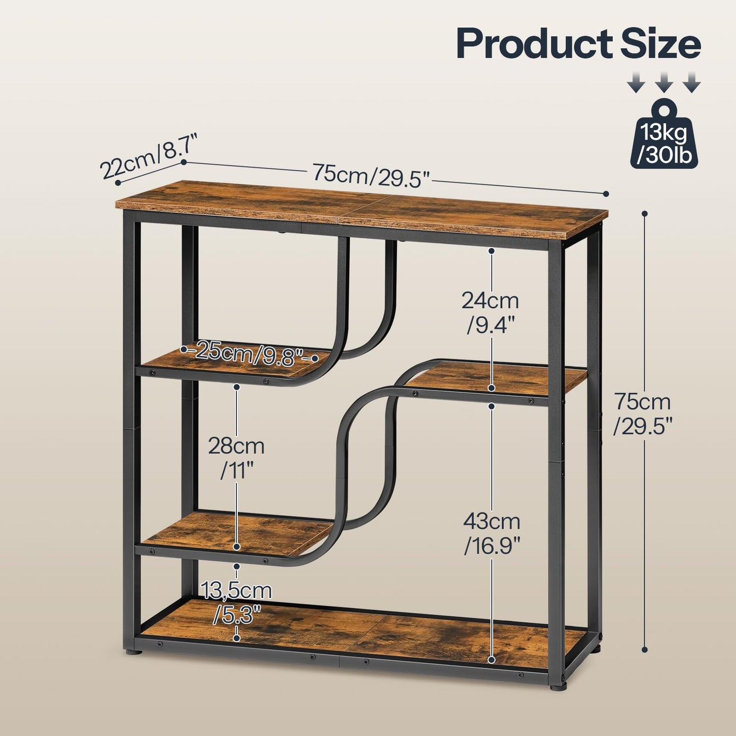HOOBRO 29.5" Console Table, 5-Tier Narrow Entryway Table, Behind Couch Table with Storage Shelves, Sofa Table for Hallway, Living Rooms, Entryway, Rustic Brown and Black BF69XG01