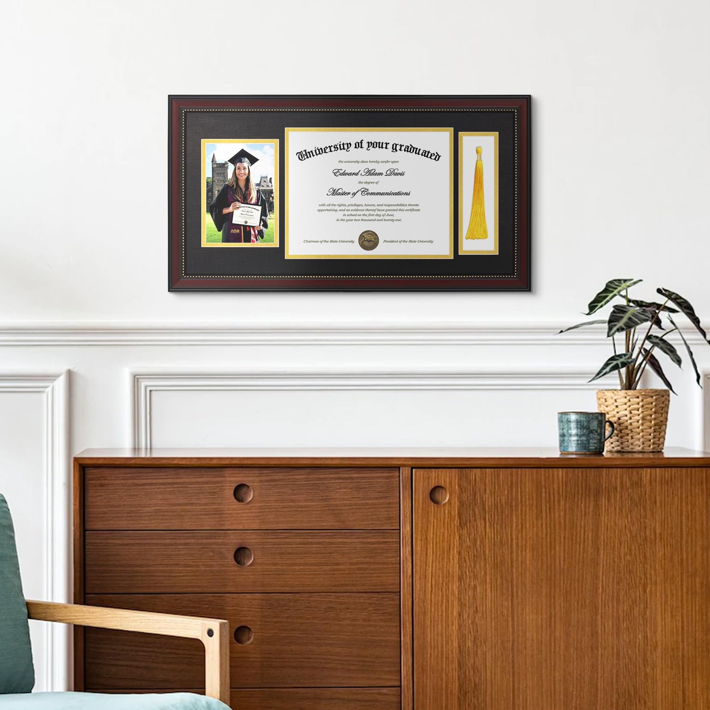 upsimples 11x22 Diploma Frame with Tassel Holder for 8.5x11 Certificate and 5x7 Photo with Black over Gold Mat, High Definition Glass, Mahogany with Gold Beads, 1 Pack