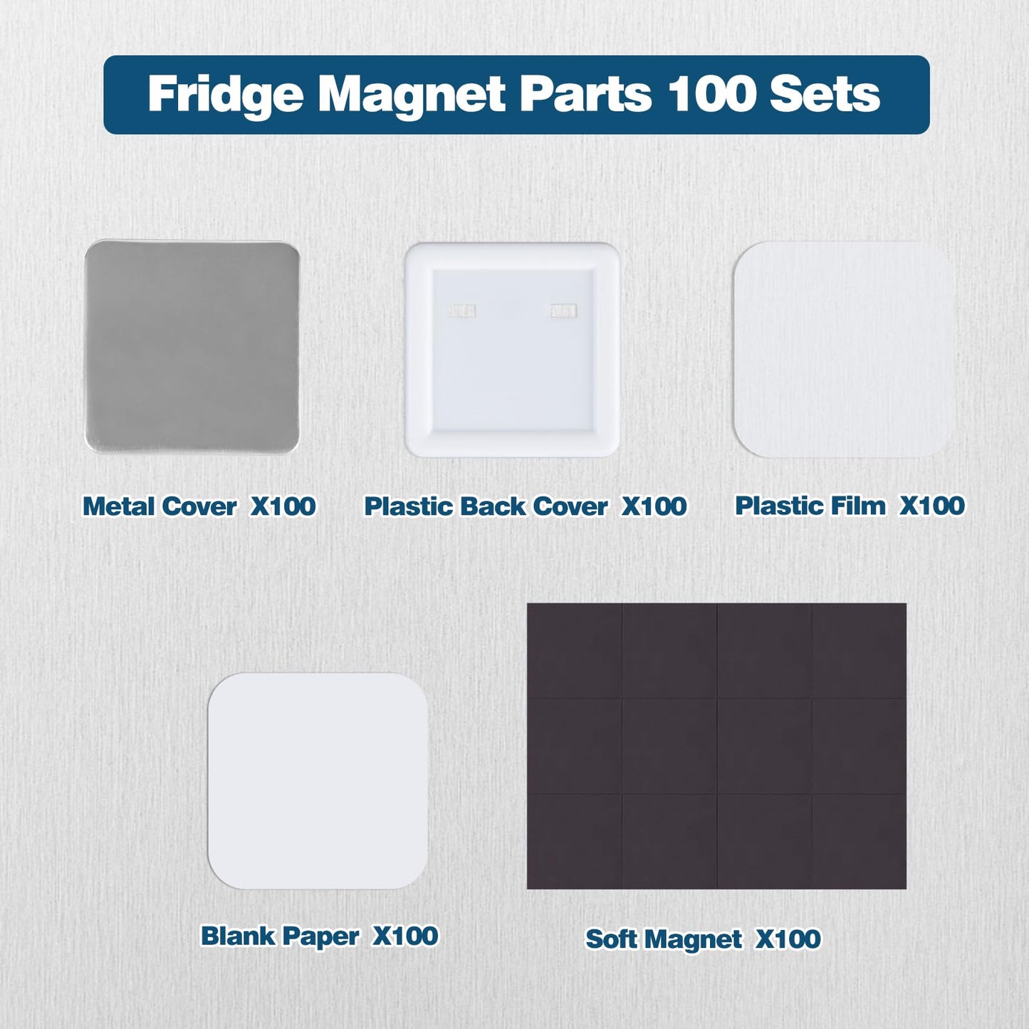 Happizza 100 Sets 50mm/1.97 inch Fridge Magnet Button Maker Supplies for Square-Shaped Button Maker Machine 50mm, Includes Metal Cover, Plastic Back Cover, Soft Magnet, Clear Film&Blank Paper
