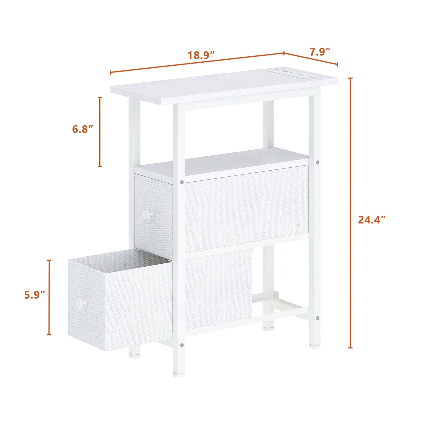 TRIFEBLE End Table with Charging Station, Narrow Side Table with 2 Fabric Drawers, Skinny Nightstand with LED Light, Slim Bedside Table for Bedroom, Living Room, Small Spaces, White