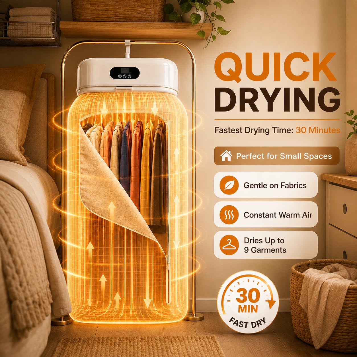 Portable Clothes Dryer, 700W Foldable Dryer for Clothes with Timer, No Assembly Required, Quiet Compact Dryer for Apartment, RV, Dorm, Travel & Small Spaces
