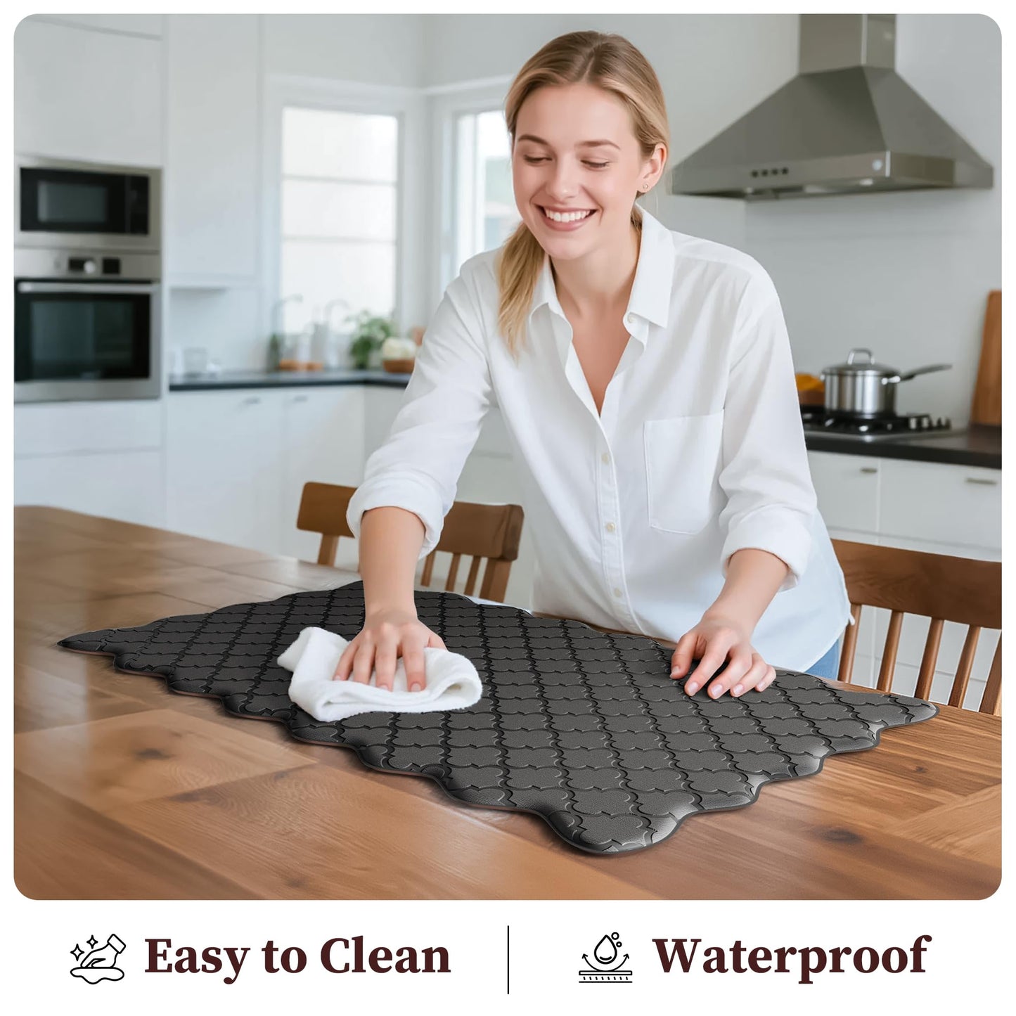 Arenarug Upgrade Scalloped Embossed Kitchen Mats for Floor 2PCS Cushioned Anti Fatigue Waterproof Foam Kitchen Rugs Non Slip Washable Comfort Standing Mat for Sink Laundry, 17.3"x30"+17.3"x59", Black