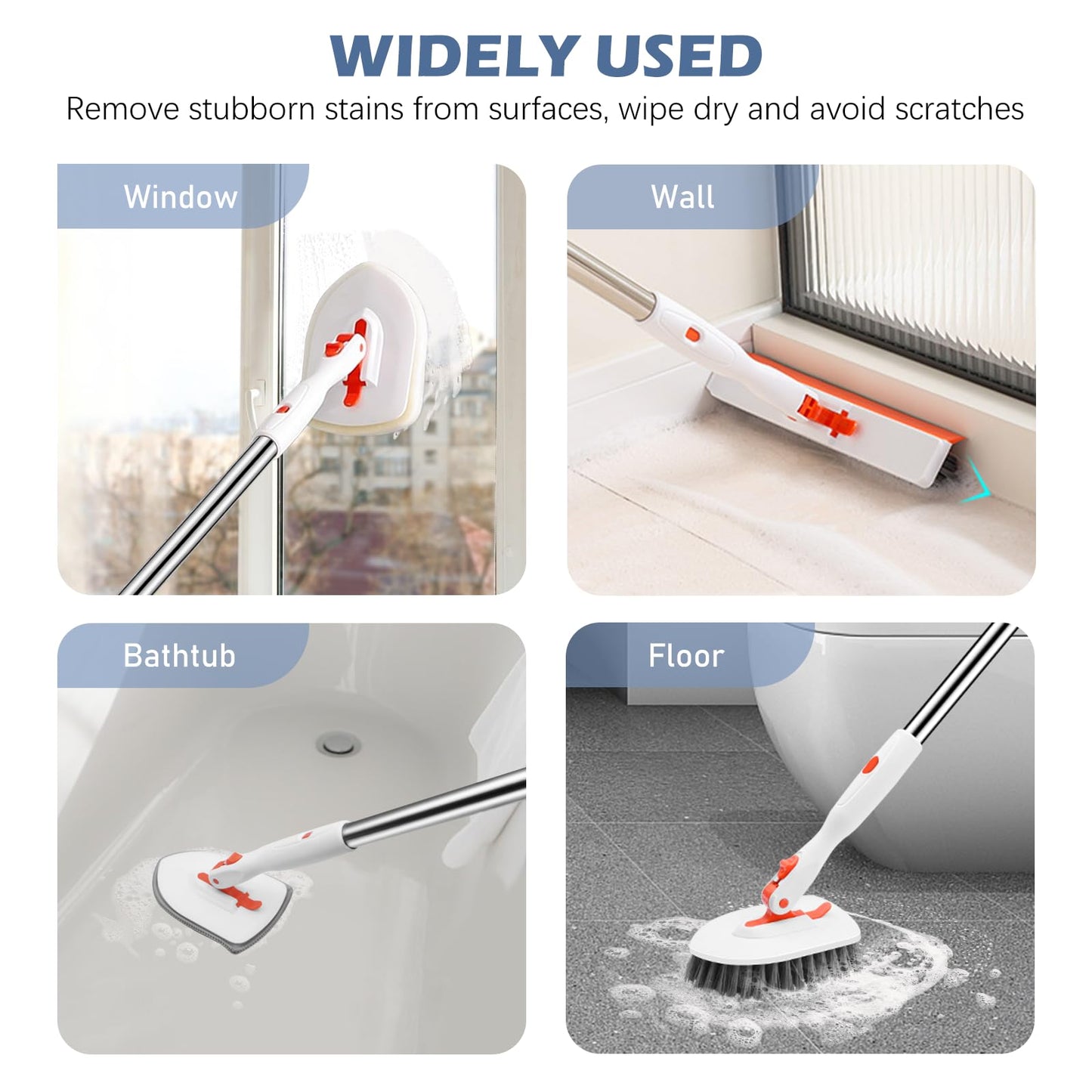 SetSail 4-in-1 Tile Tub Floor Scrubber with 52-inch Adjustable Long Handle Shower Cleaner Brush with V-Shaped Grout Brush and 3 Replacement Brush Heads for Cleaning Bathroom Kitchen Walls Tub Tile