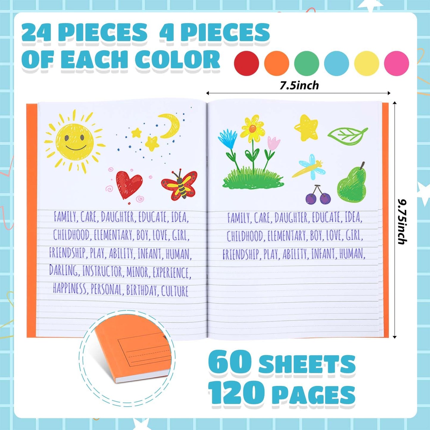 Henoyso 24 Pcs Primary Composition Notebooks k-2 for Kids, 120 Pages Draw and Write Journal Bulk for Kindergarten Classroom Preschool Teachers, Back to School Supplies (Colorful)