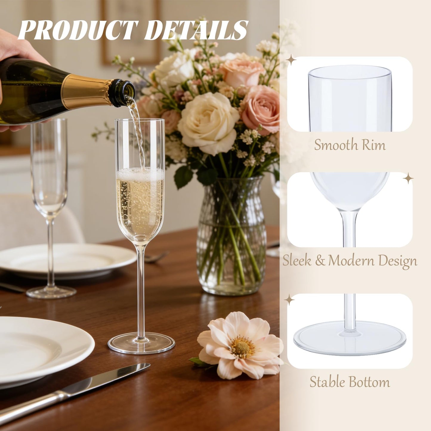 LEYIQU Plastic Champagne Flutes Set, 6oz Unbreakable Champagne Glasses Bulk, Shatterproof Reusable Mimosa Prosecco Sparkling Wine Cups for Wedding Party (Clear, 24pcs)