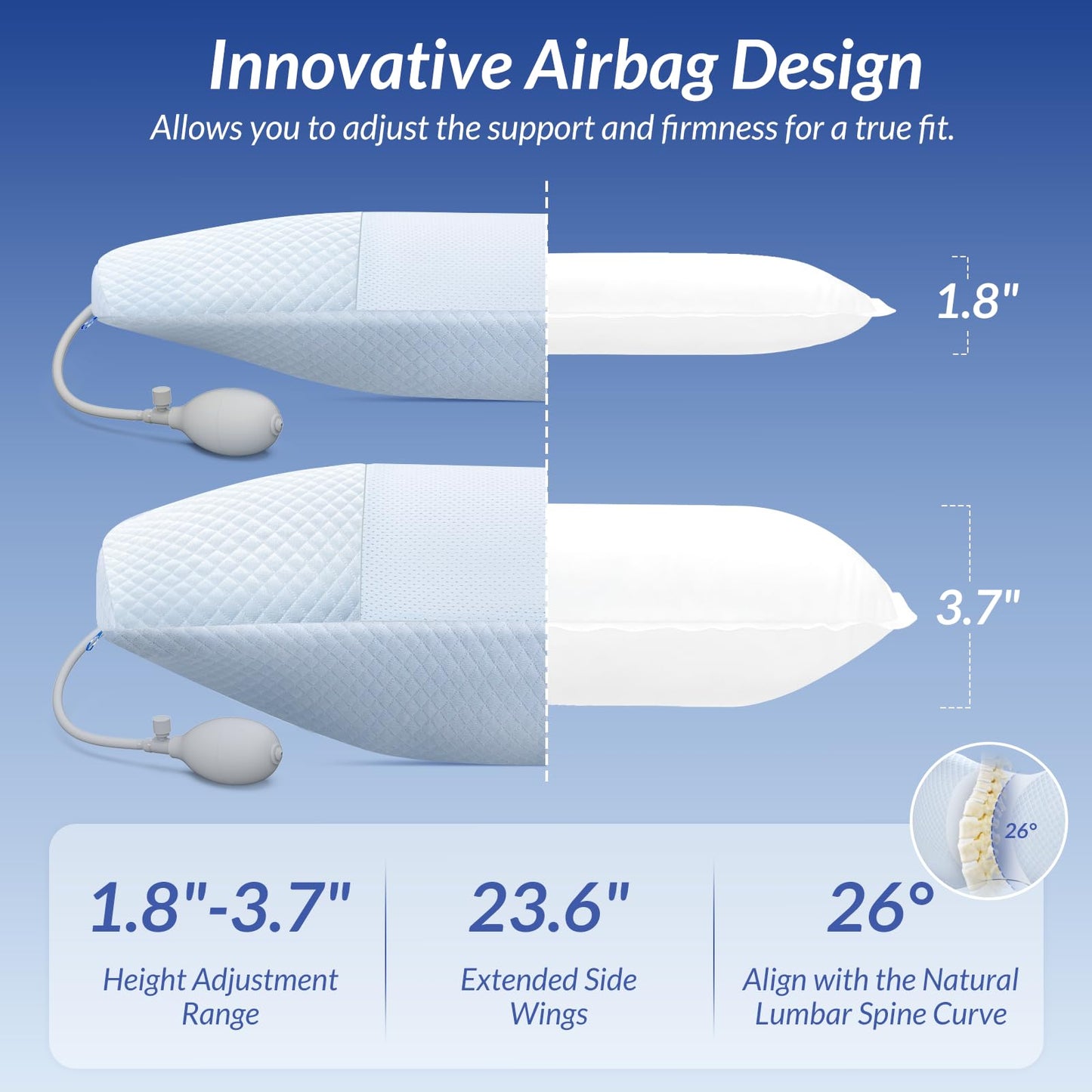 ZIKEE Inflatable Lumbar Support Pillow for Bed with Customized Lower Back Pain Relief & Support, Memory Foam Back Support for Side & Back Sleeping, Bed Pillow for Driving, Resting, Breathable Cover