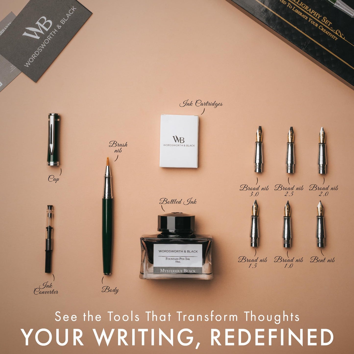 Wordsworth & Black Calligraphy Pen Gift Set, Includes Bottle, 6 Cartridges, Refill Converter, 6 Replacement Nibs, Premium Package, Journaling, Smooth Writing Pens [Green Chrome]