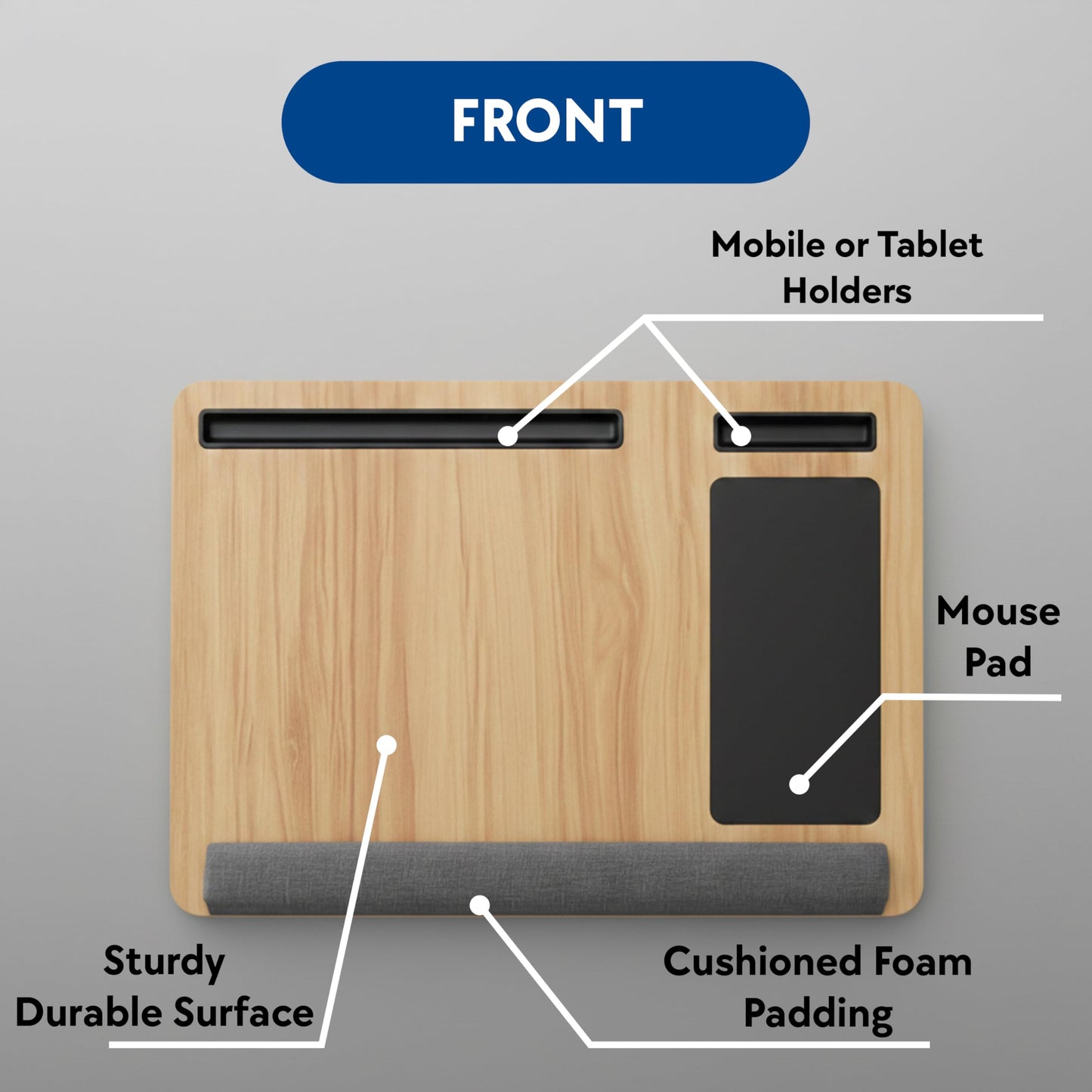 Lap Desk with Soft Cushion – Portable Laptop Desk for Bed, Couch & Home Office, Removable Mouse Pad & Anti-Slip Strip for 17 inch Laptop (Large, Wood and Black) (Black)