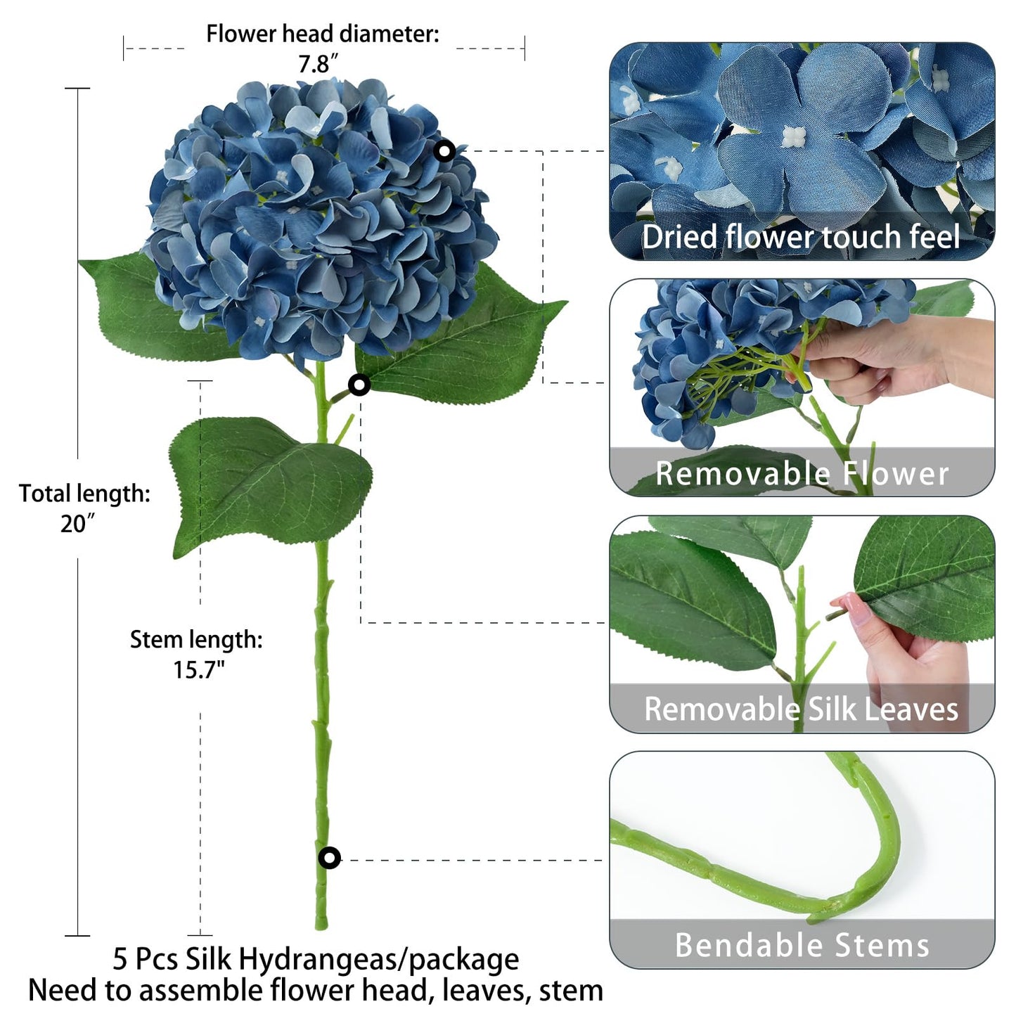 ZYTUYO 5 Pcs Dark Blue Silk Hydrangeas Artificial Flower Boho Dried Touch 20'' Faux Hydrangeas for Fall Indoor Home Decor Kitchen Living Room Outdoor Porch Wedding Flower Arrangement