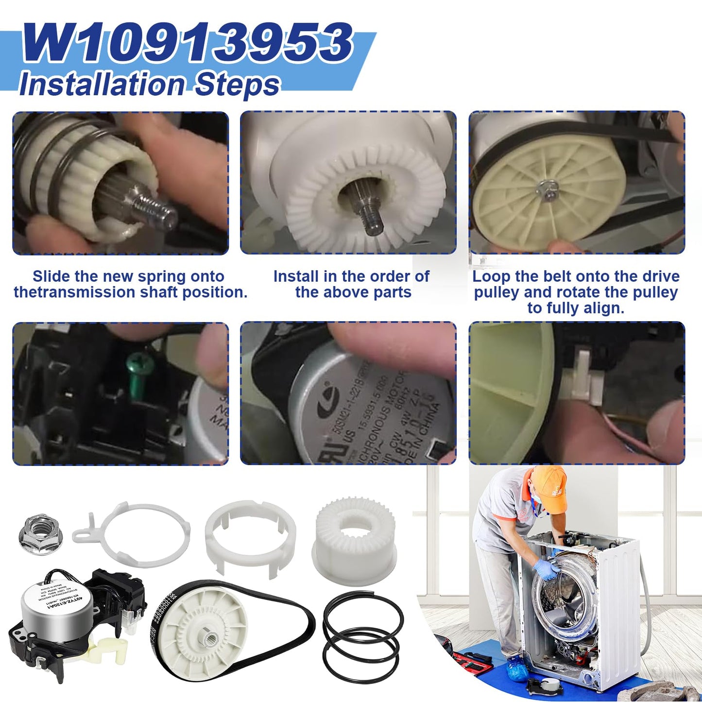 W10913953 Washer Shift Actuator W10721967 Pulley Clutch W10006384 Drive Belt Kit Compatible with Whirlpool Kenmore Maytag Amana Washing Machine Replaces W10815026 W10597177 49tyz-e120a1