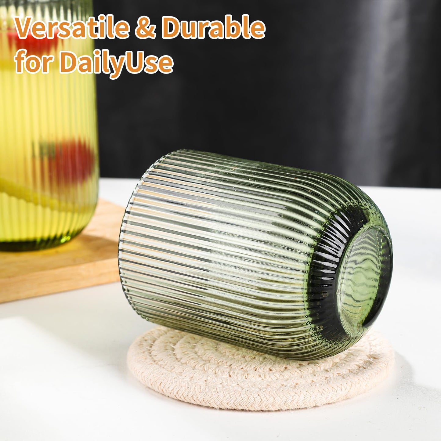 WeirdUncle Set of 8 Ribbed Glassware,4 Highball Glasses 14oz & 4 Rocks Drinking Glasses 9oz, Green, Origami Style, Fluted Design, for Milk, Water, Cocktail, Juice, Beer, ToothBrush Cup, Gift