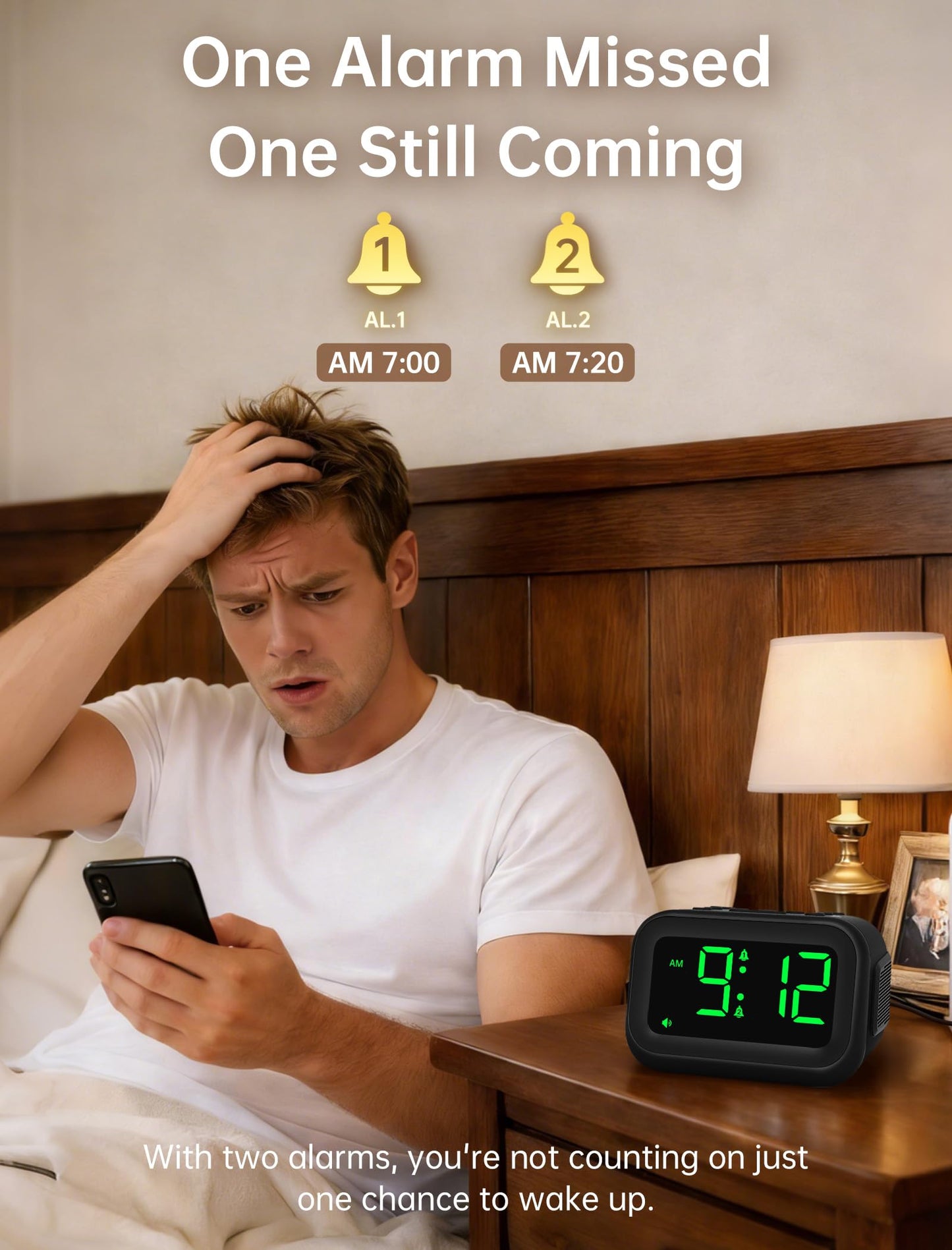 AuroraCalm Extra Loud Alarm Clock: 115dB Dual Alarms and 6 Unique Alarm Sounds for Heavy Sleepers - Adult Students for Bedroom On-Time Wake-Ups - Green Digits