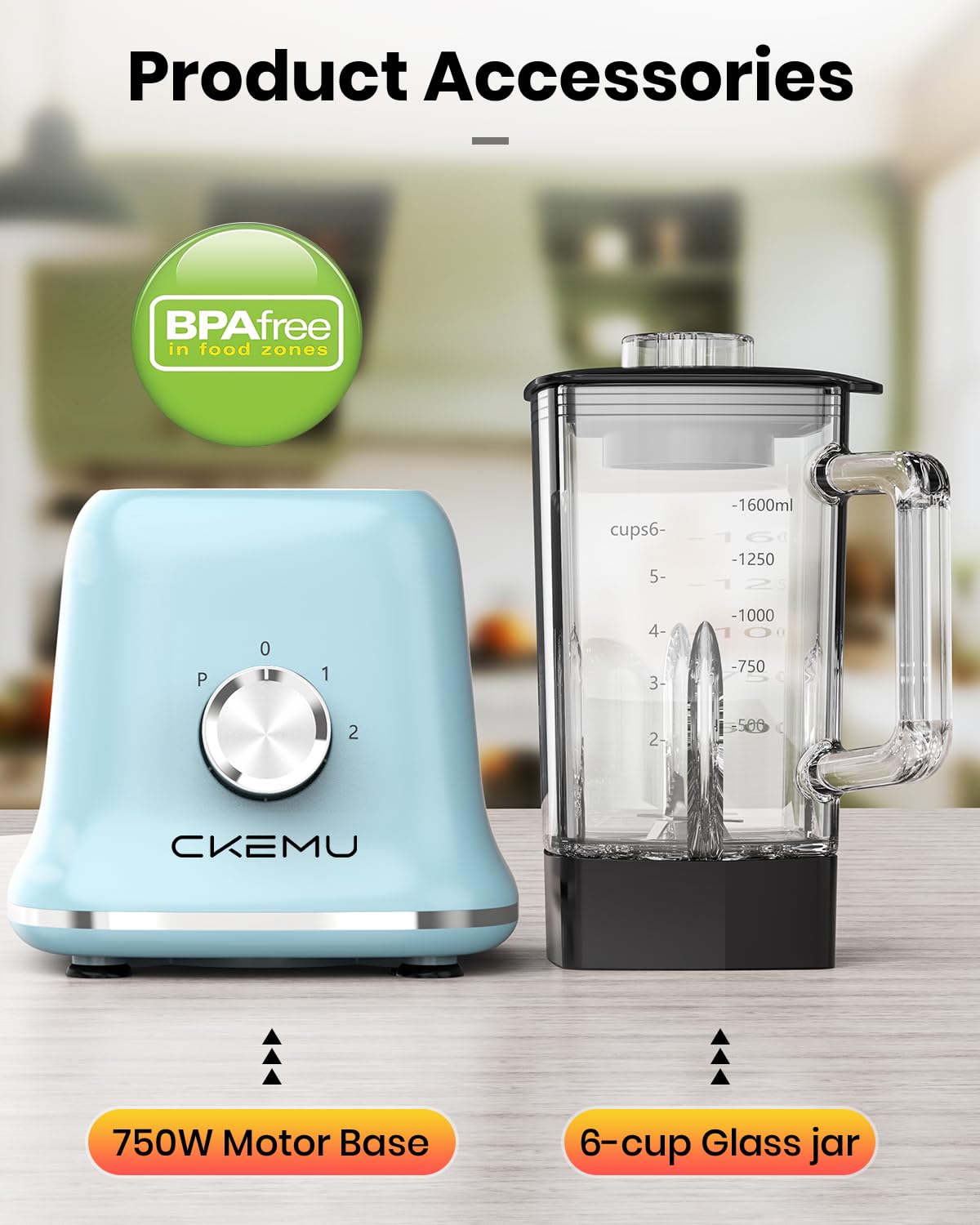 Countertop Blenders for Kitchen, Powerful Blender 25000 PRM with 58 Oz Glass Jar & To-Go Cup for Smoothies, Ice Crushing, Frozen Fruits, Milkshakes, Pulse Function, Self-Cleaning, 750 Watts