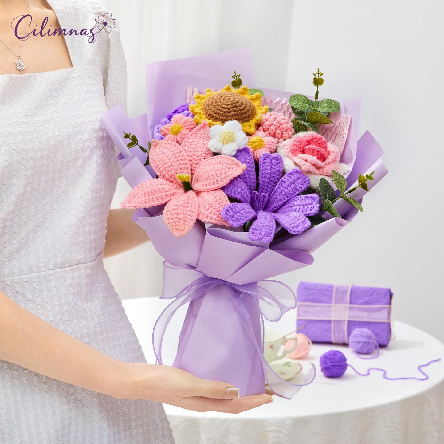 Cilimnas Crochet Flower Bouquet,Pink&Purple Knitted Flowers, Handmade Lily Sunflowers Roses Bouquet for Birthday Anniversary Party Mother's Day Graduation Gifts