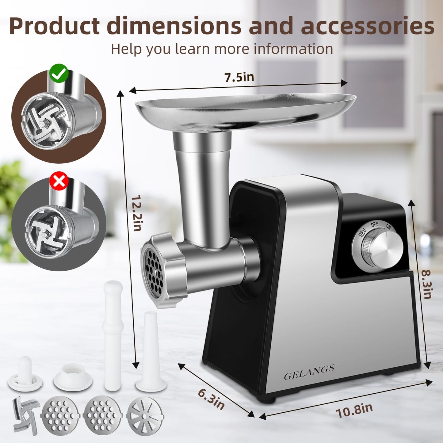 GELANGS Electric Meat Grinder, 350W （MAX2800W）Heavy Duty Stainless Steel Food Grinder with Sausage Stuffer Tubes & Kubbe Kit, 3 Grinding Plates for Home Kitchen Use
