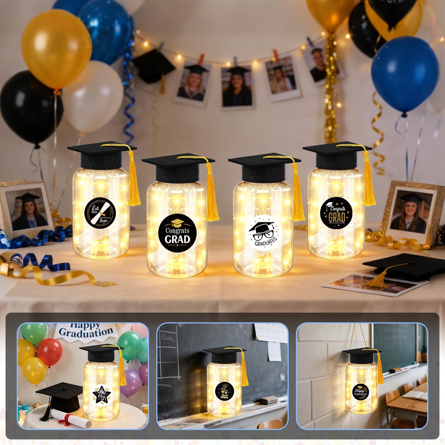 Phoncoo 16 Sets 2026 Graduation Table Decoration with LED Lights, Mason Jar Graduation Centerpieces for Tables with Grad Cap, Stickers for College High Middle School Grad Party Supplies Gifts(Black)