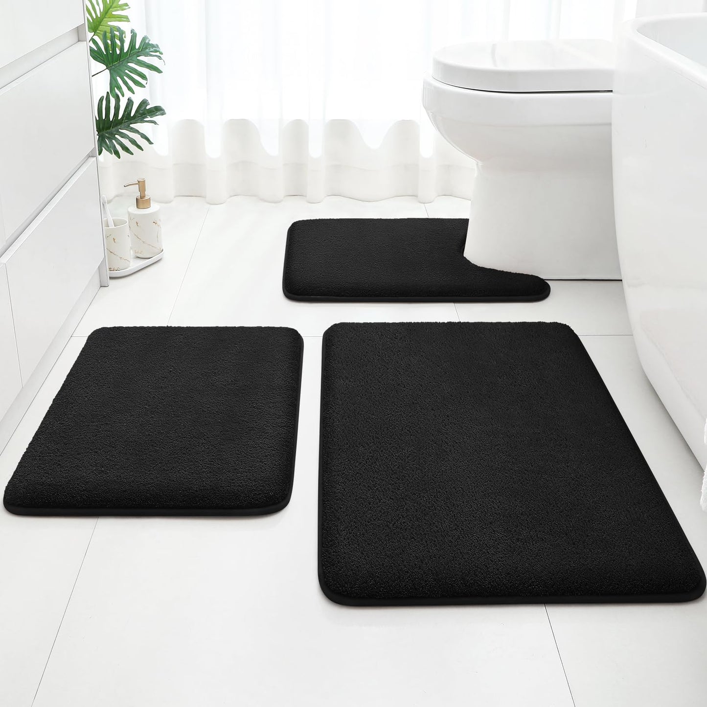 HOMEIDEAS Upgraded Bathroom Rugs Set 3 Piece, Extra Thick Absorbent Soft Memory Foam, Washable Toilet Bath Mat (Black,17"x24"+20"x32"+U Shape 20"x24")
