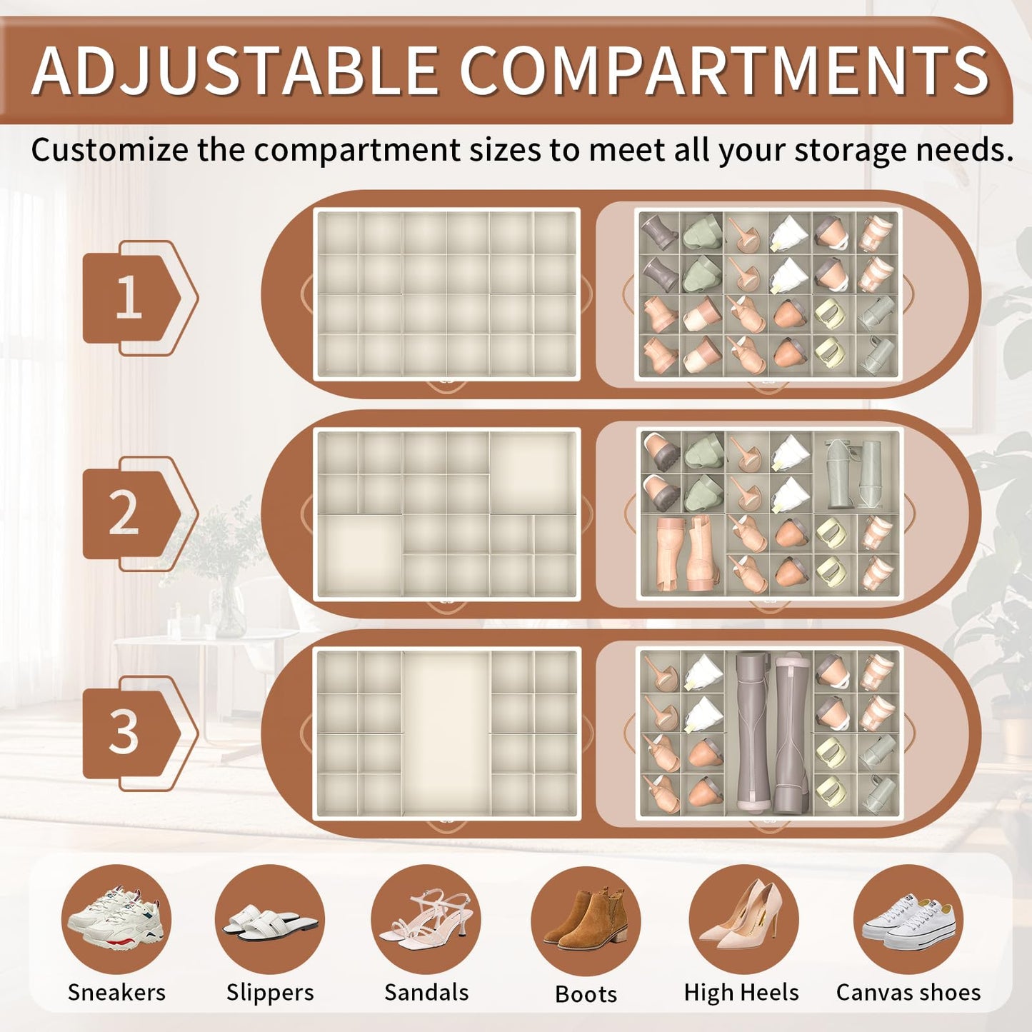 Foyego Shoe Organizer for Closet, Shoe Storage Organizer with Wheels and Adjustable Dividers, Stackable Shoe Storage Box with Clear Cover, Foldable Closet Shoe Organizer Fits up to 24-48 Pairs, Beige