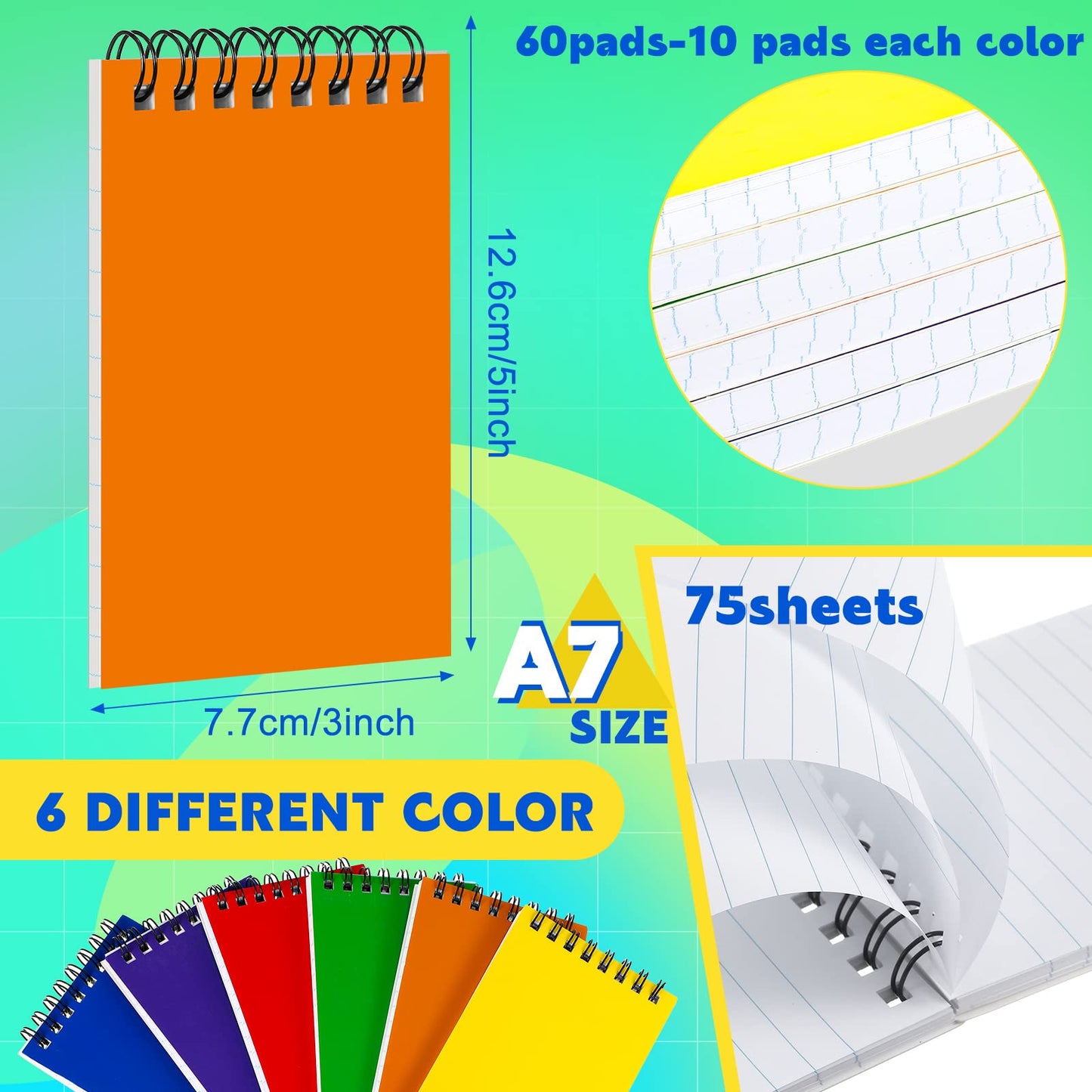 Meanplan 60 Pack Spiral Memo Pads 3 x 5 Inch Spiral Journal Lined Wirebound College Ruled Notebook Solid Colors, 75 Sheets/pad, Notebook for School Travel Office Business Supplies