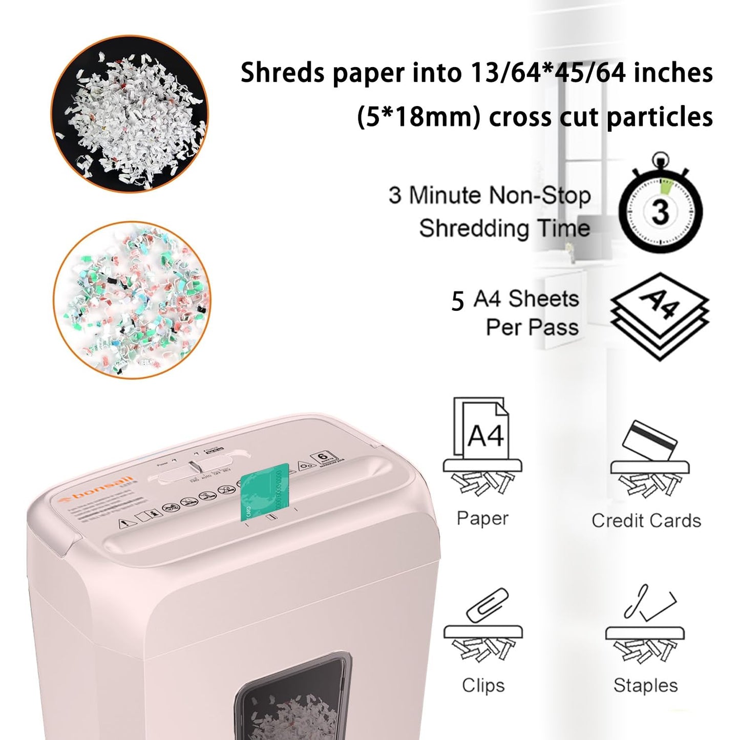 Bonsaii 5-Sheet Crosscut Shredder for Home & Office, Shreds Paper, Credit Cards, Staples & Paper Clips, 3.4-Gallon Pullout Bin, Compact & Stylish in Pink
