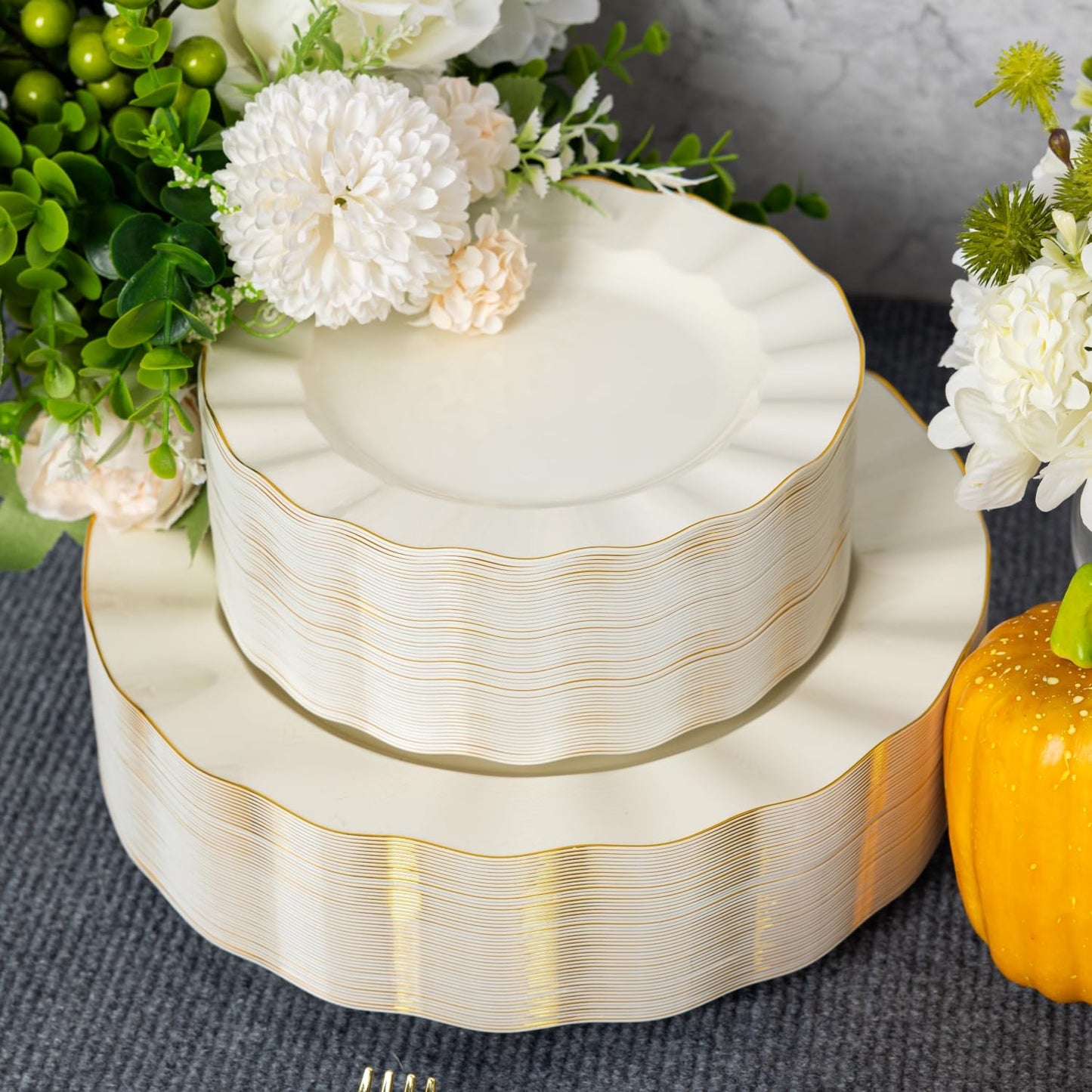 HIGH END 100 Pcs Ivory Wave Plastic Plates with Gold Trim, Fancy Disposable Plate Sets Include 50 Dinner & 50 Dessert Plastic Plates, Elegant Disposable Plate Set For Party, Thanksgiving (50 Guests)
