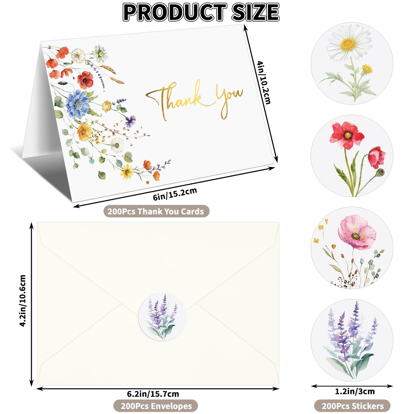 UZLU 600 PCS Wildflower Thank You Cards with Envelopes and Stickers - 4x6 Inch Floral Thank You Notes with Envelope Set - Greeting Notes with Envelopes for Wedding, Baby & Bridal Showers, Birthday
