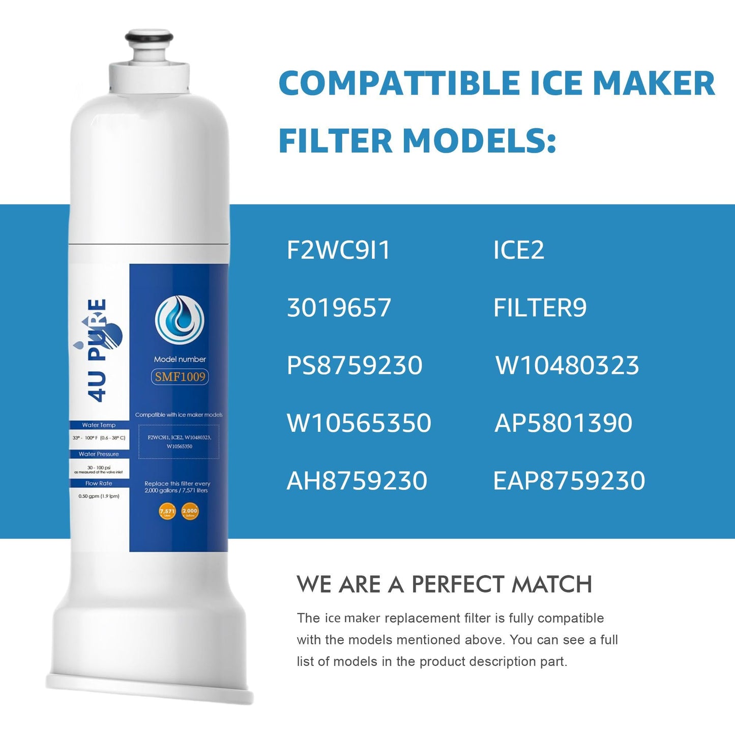 ICE2 F2WC9I1 ICE Maker Filter Replacement, Compatible with FILTER 9, W10565350, P6RFWG2K, PS8759230 W10480323, Ice Maker Filter, Used in 50 Ib Ice Maker Machines - Pack of 2