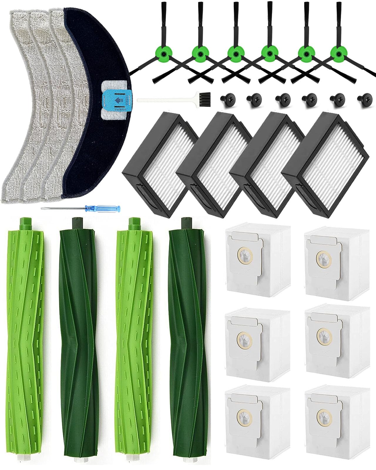 Yivy 26Pack Replacement Parts for iRobot Roomba Combo J7+/ Combo 10 Max/Combo J9+ Robot Vacuum Cleaner(Only Combo series): 4 Rubber Brushes+4 Mopping Pads+4 HEPA Filters+6 Side Brushes+6 Dust Bags