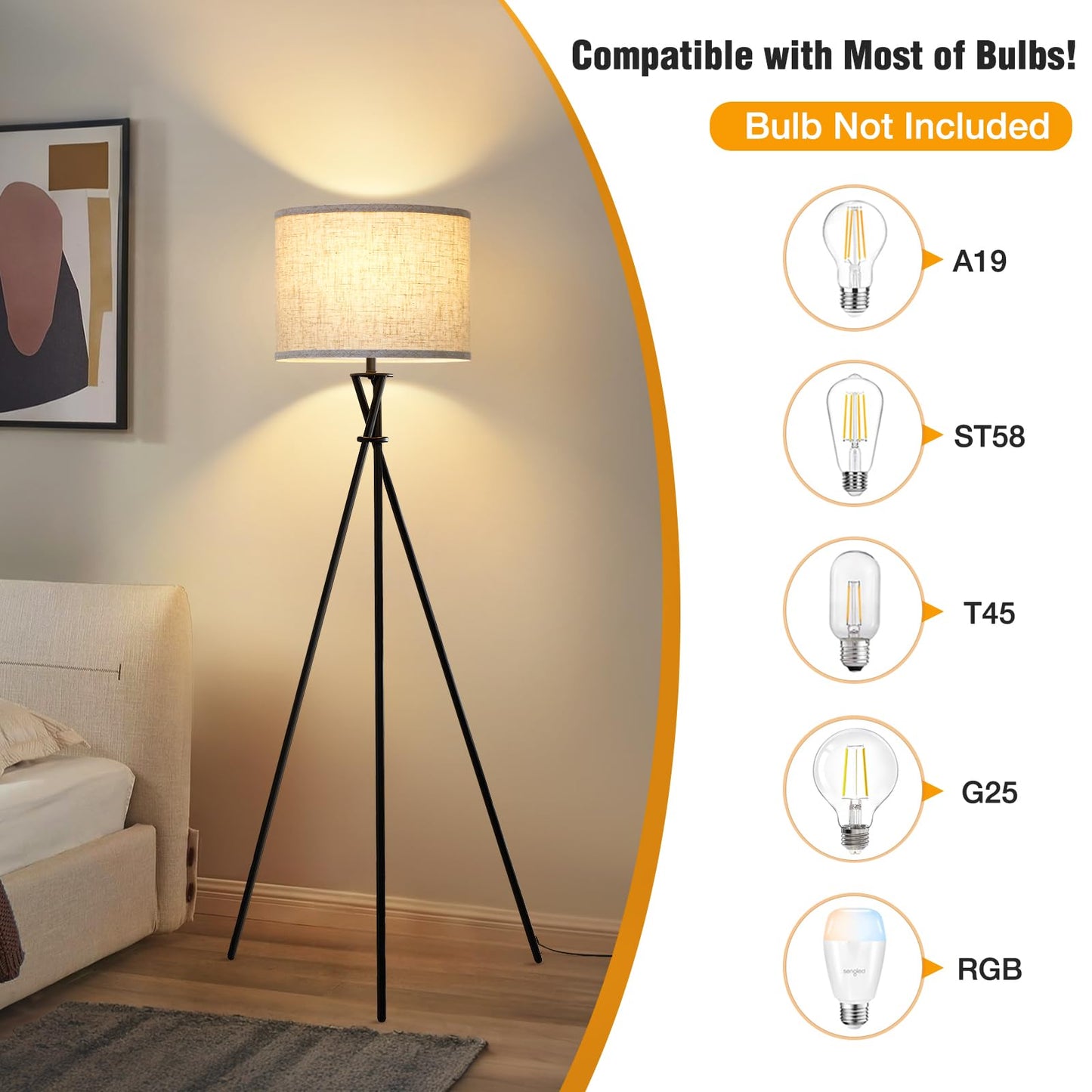 Tripod Floor Lamp Black, 61” Tall Floor Lamps, Standing Lamp with Rotary Switch, Modern Floor Lamp Simple Design with Beige Shade, Floor Lamps for Living Room, Bedroom, Office, Without Bulb