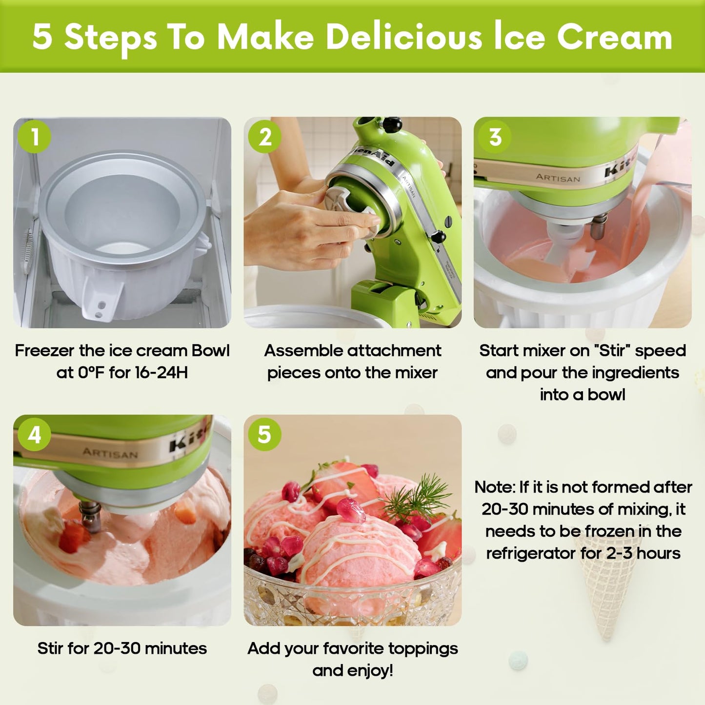 Ice Cream Maker Attachment for KitchenAid Stand Mixer, Compatible with 4.5/5Qt & Larger KitchenAid Stand Mixer, 2 Quart Frozen Ice Cream Bowl, Yogurt & Sorbet Gelato, White