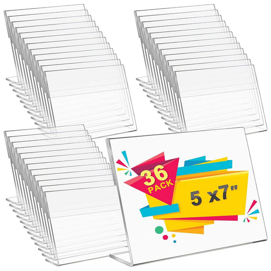 36 Pack Acrylic Picture Frame 5 x 7 Inch Display Stands Sign Holder Photo Booth Slanted Back Clear Self Standing Horizontal Stand L Shape Photo Frame for Collage Landscape Home Office Restaurant