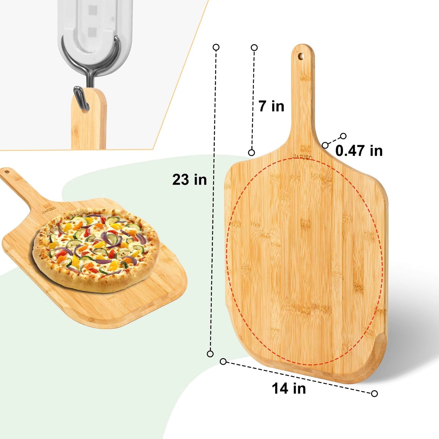 JIAFUEO Pizza Peel 14 Inch, Large Bamboo Pizza Paddle Spatula - Wooden Serving Board, Oven Accessory for Baking Homemade, Wood Cutting Board for Cheese Bread Fruit Vegetables