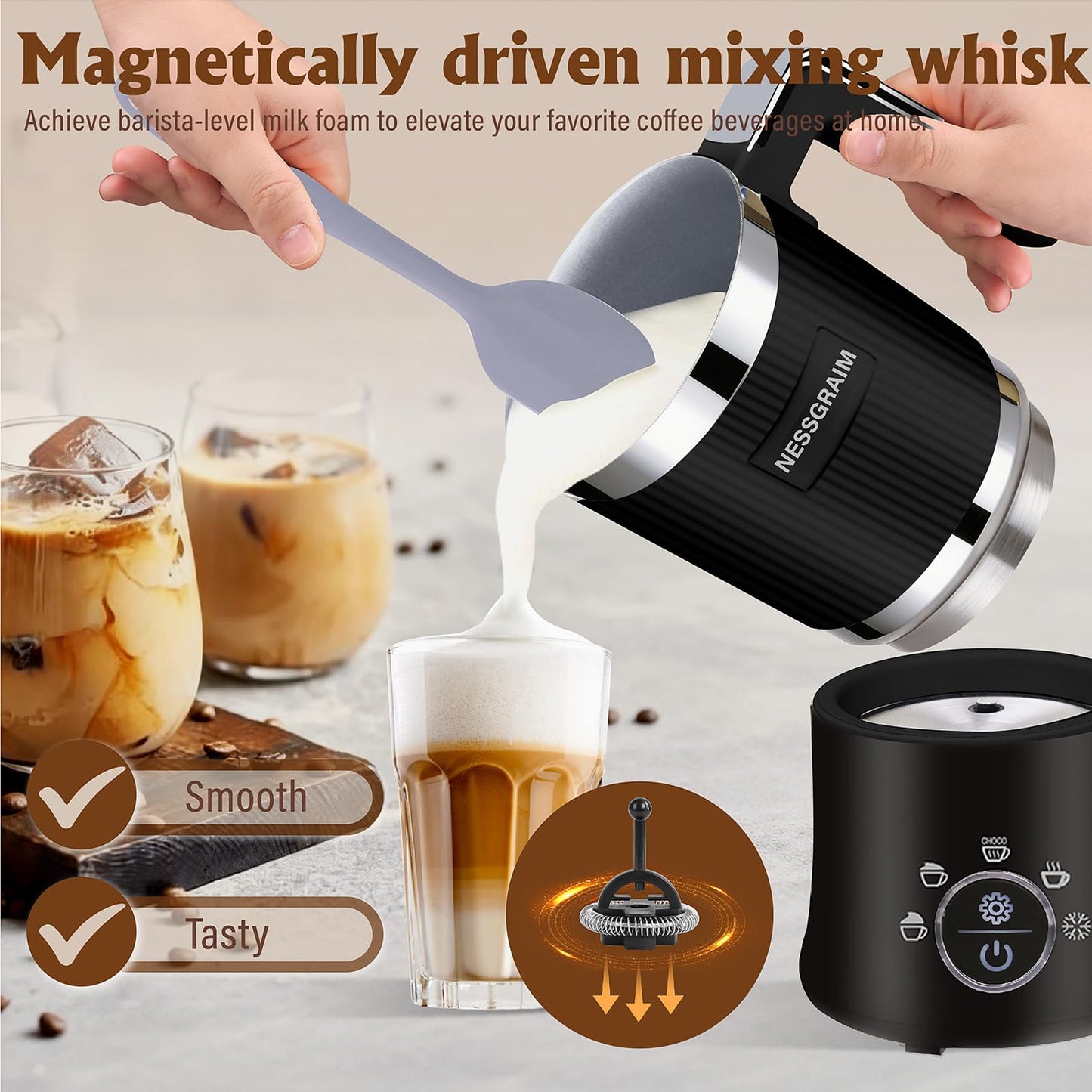 NESSGRAIM 5-in-1 Electric Milk Frother, Automatic Milk Frother & Steamer for Hot & Cold Foam, Large Capacity Milk Warmer for Latte Cappuccino, Hot Chocolate Maker, Dishwasher Safe (Black)