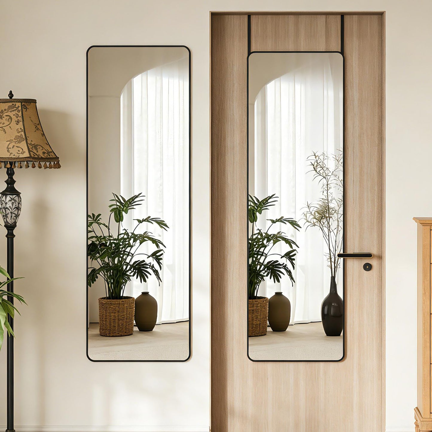 DMWOODFL 14"x48" Full Length Over The Door Mirror, Aluminum Alloy Frame Full Body Mirror with Height-Adjustable Hangers, Hanging Leaning Against Wall for Dorm Bathroom, Bedroom, Entryway Decor(Black)