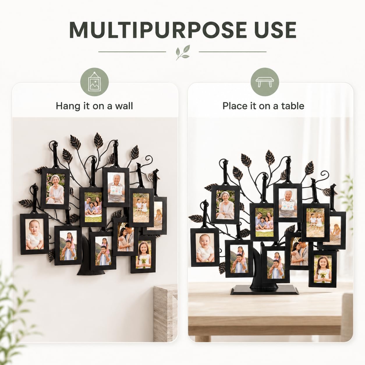 Philip Whitney Family Tree Picture Frame Display - Includes 10 Hanging 2x3 Picture Frames and 13" Polished Metal Tree, Gifts for Mom, Home Décor, Housewarming Gift, Mothers Day Gifts