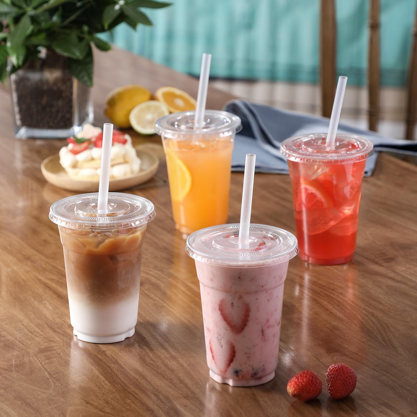 VITEVER [100 Sets - 16oz] Clear Plastic Cups with Lids and Straws, Disposable Iced Coffee Cups for Smoothie, Milkshake, Cold Drinks - BPA free
