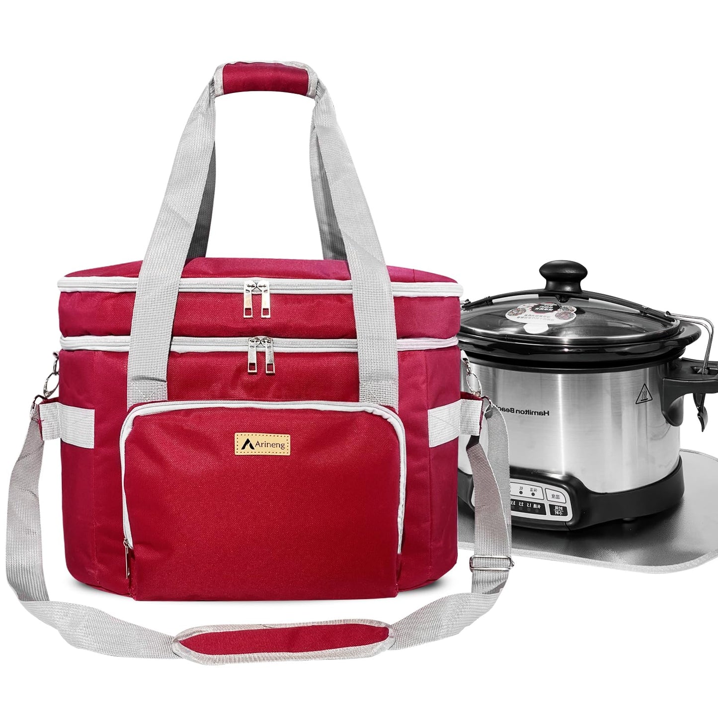 Arineng Crock Pot Bags carrying bag for 4-8 Quart Crock Pots - Insulated Travel Carrier with Fixators, Base Pad, and Shoulder Strap - Suitable for Small and Large Slow Cookers