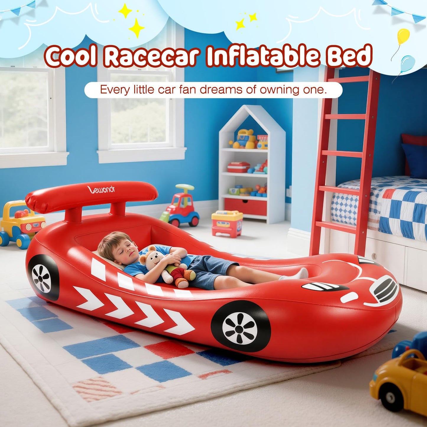 Lewondr Inflatable Kids Bed, Racecar Toddler Air Mattress with Safety Bumpers, Toddler Blow up Mattress with Hand Pump, Portable Toddler Travel Bed for Camping, Sleepovers, Vacation & Home, Red