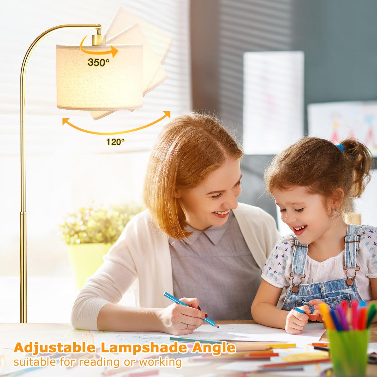 Ambimall Arc Floor Lamp with Remote and Stepless Dimmable Bulb, Colors Temperature & Brightness Adjustable, Gold Floor Lamps for Living Room（Deep Beige Shade & Gold Pole）