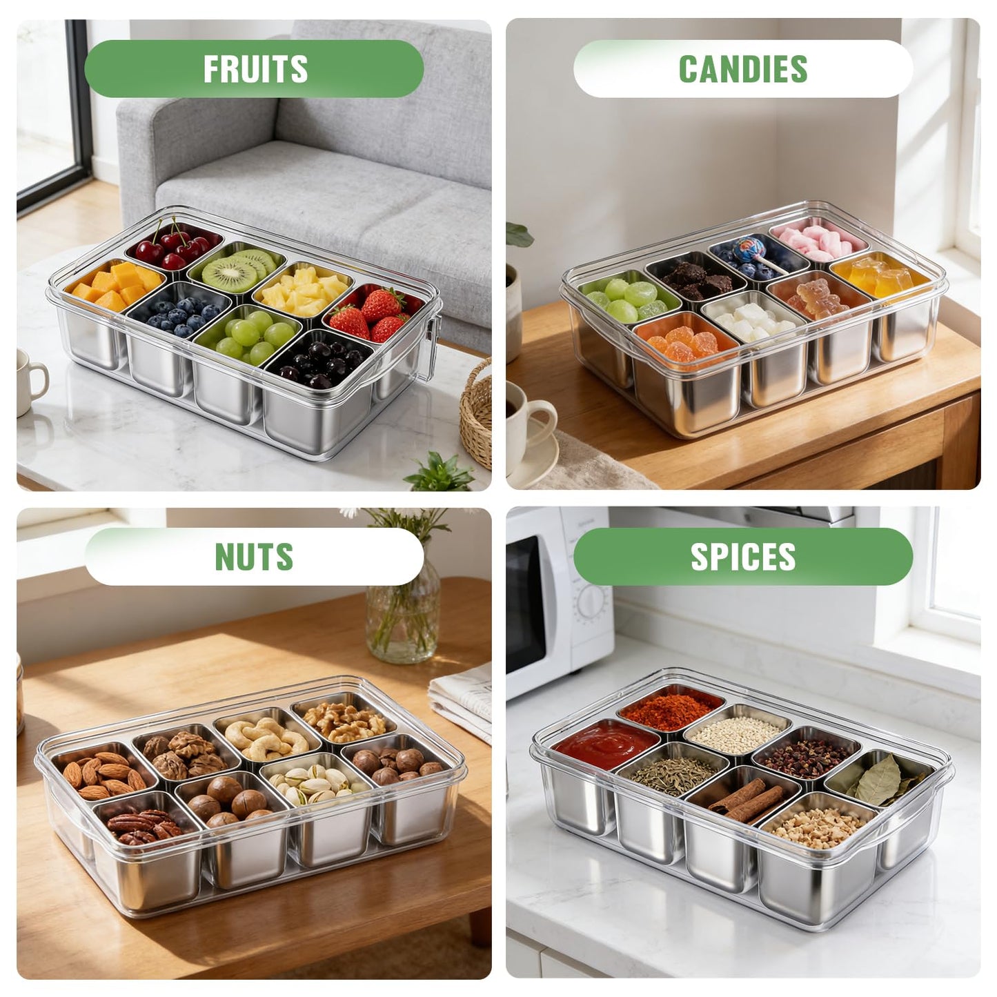 Snackle Box Container, 304 Stainless Steel Divided Serving Tray with Lid and Handle, Portable 8 Compartments Veggie Tray for Fruits,Veggies,Nuts &Candy, Dishwasher Safe for Travel,Picnic,Beach&Parties