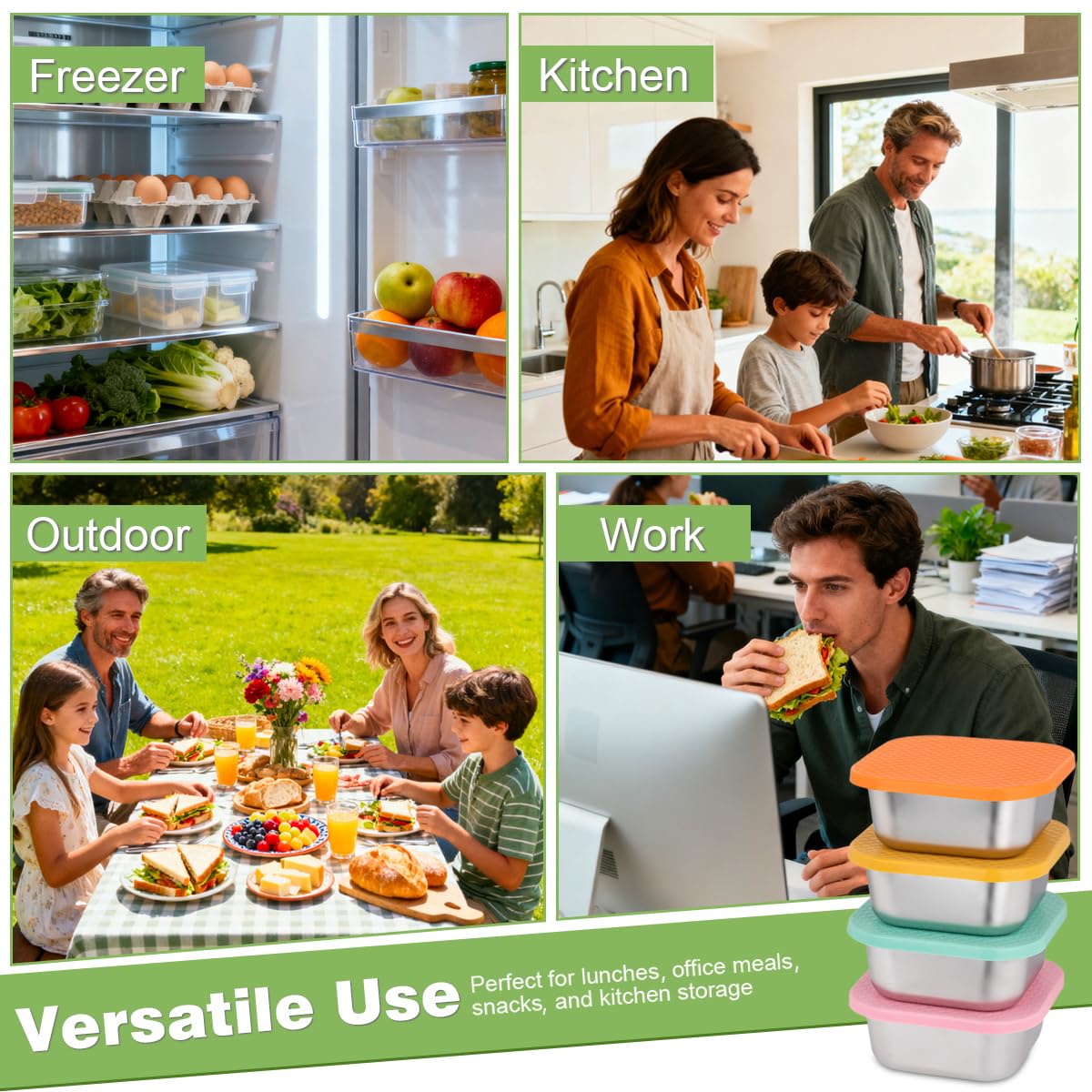 JUSTASHOW 4 Pack Sandwich Containers: 30oz Stainless Steel Lunch Box with Silicone Lids, Meal Prep Container Reusable Metal Sandwiches Food Storage for Kitchen & Office Salad Snacks Fruits