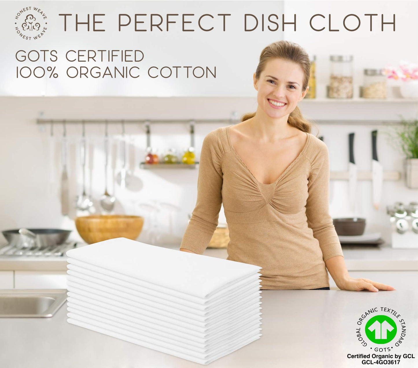 HONEST WEAVE GOTS Certified 100% Organic Flour Sack Cotton Kitchen Hand and Dish Towel Sets - Extra Large 27x27 inches, Fully Hemmed, 12-Pack, Natural Tan