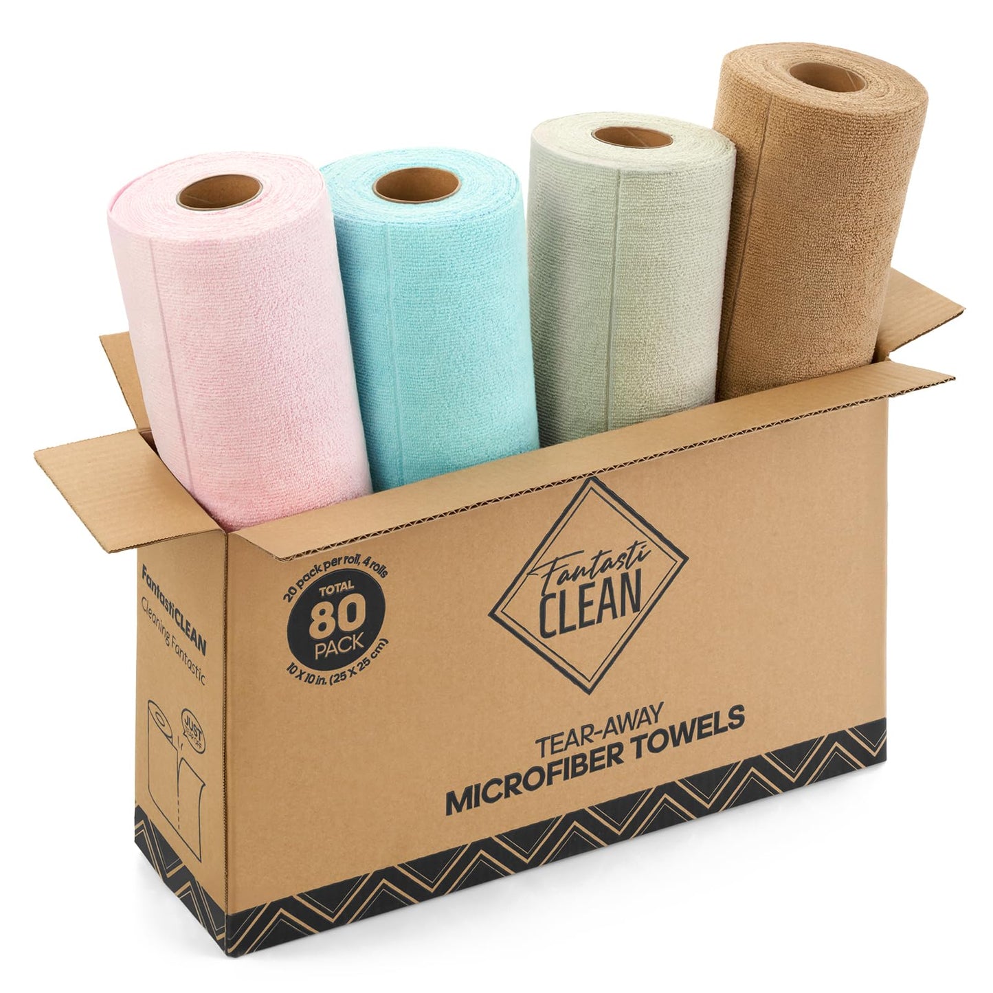 Fantasticlean Kitchen Towels - 80 Sheets - Reusable Washable Dishcloth Rolls, Super Absorbent, Premium Microfiber Cleaning Cloths, 10'' by 10'' (Pink,Blue,Tan,Moss Green)