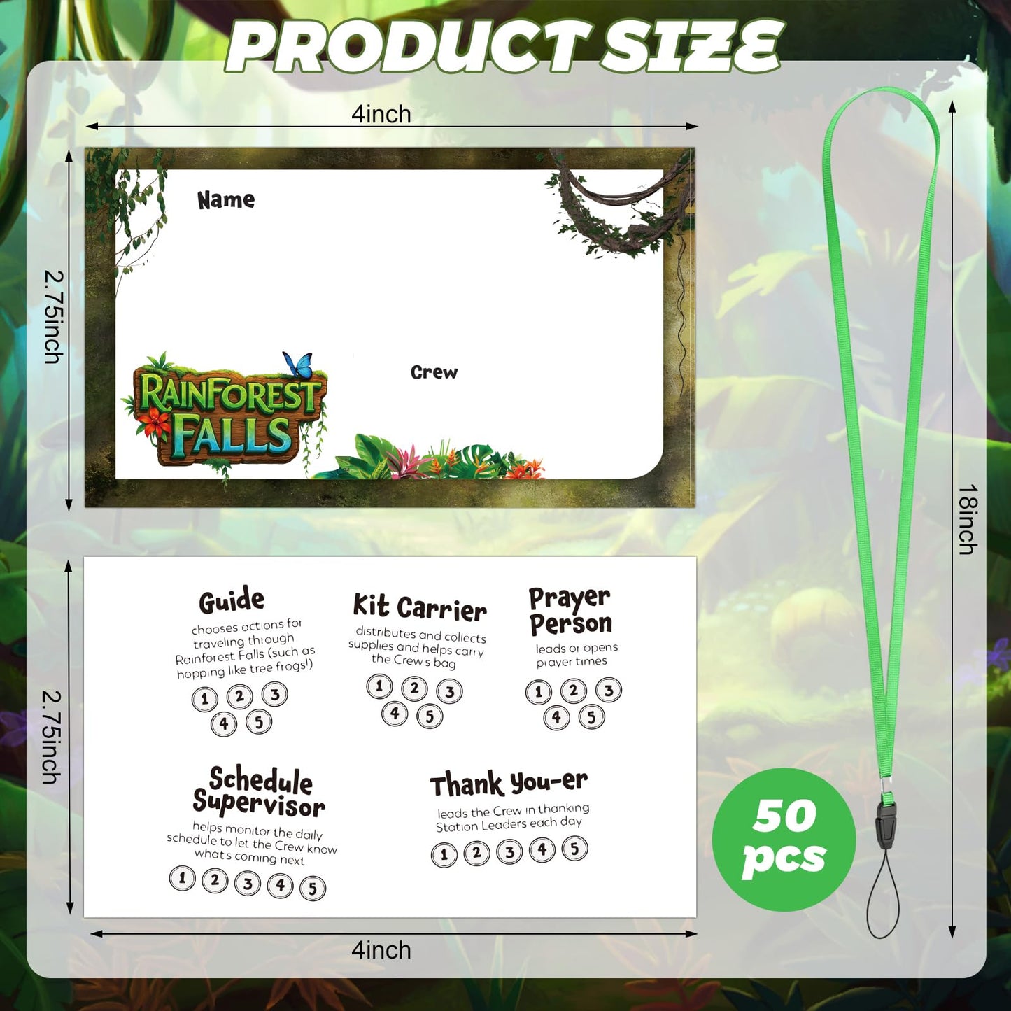 Engrowtic 100 Sets Rainforest Falls Name Badge for 2026 Vbs with Card Protector and Activity Rope 4 x 2.75 Inch Writeable Name Badges for Church, Summer Camp and Activities