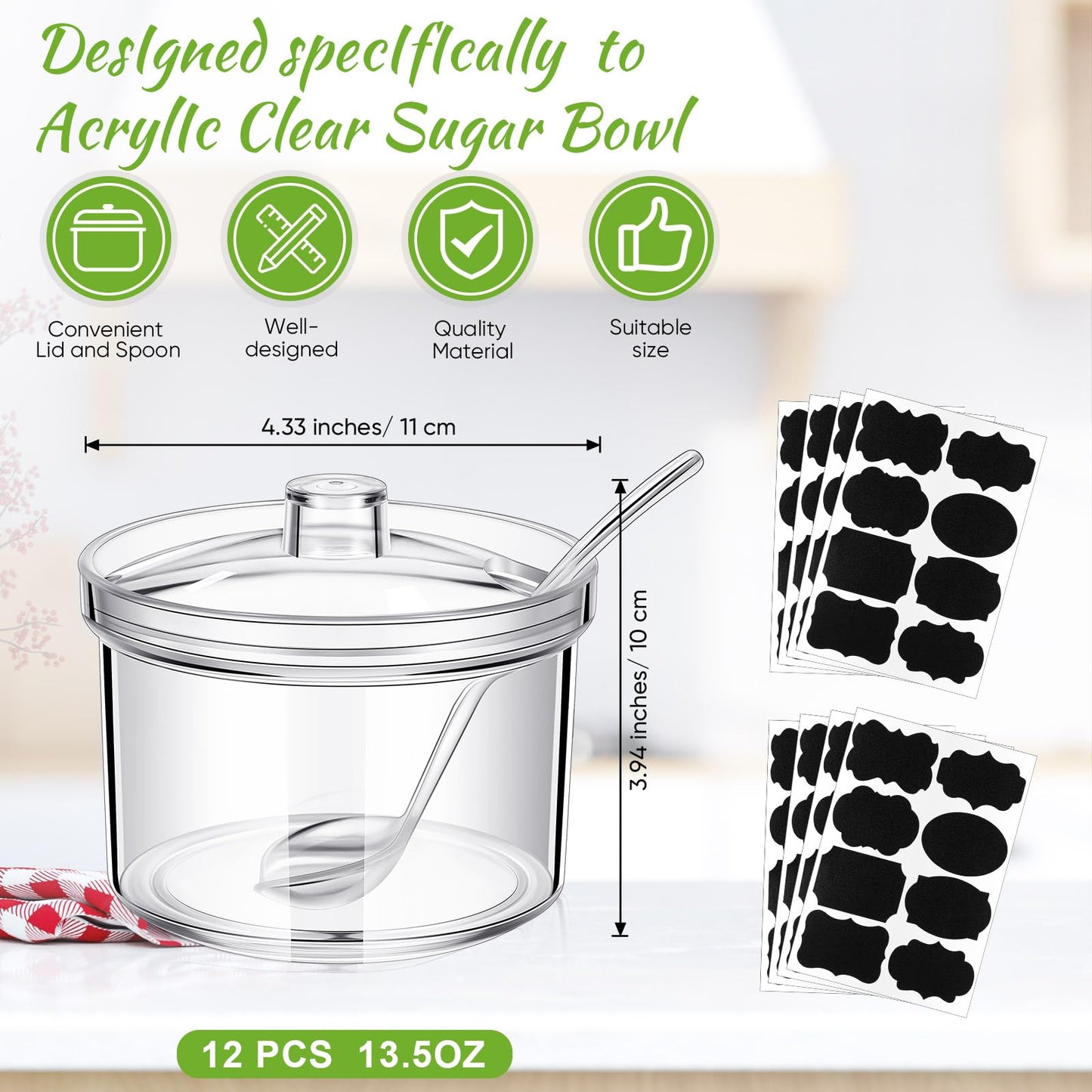 Tioncy 12 Pcs Ice Cream Bar Supplies Sugar Bowls with Lid and Spoon Acrylic Candy Dispenser Party Bar Hot Cocoa Sundae Caramel Apple Dipping Container with Tag (13.5 oz,Clear)