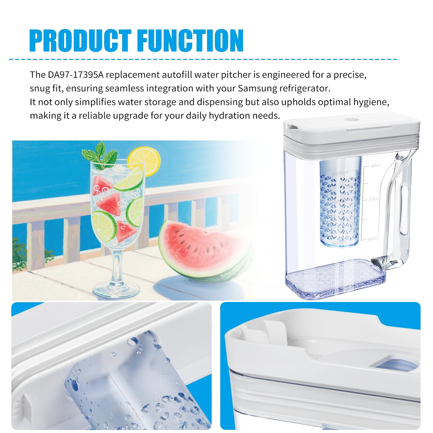Upgraded Refrigerator water Pitcher DA97-17395A Compatible With Samsung Fridge water Reservoir, Double sealing Fridge reservoir NO leak, Water Tank Fit Samsung Refrigerator (White)