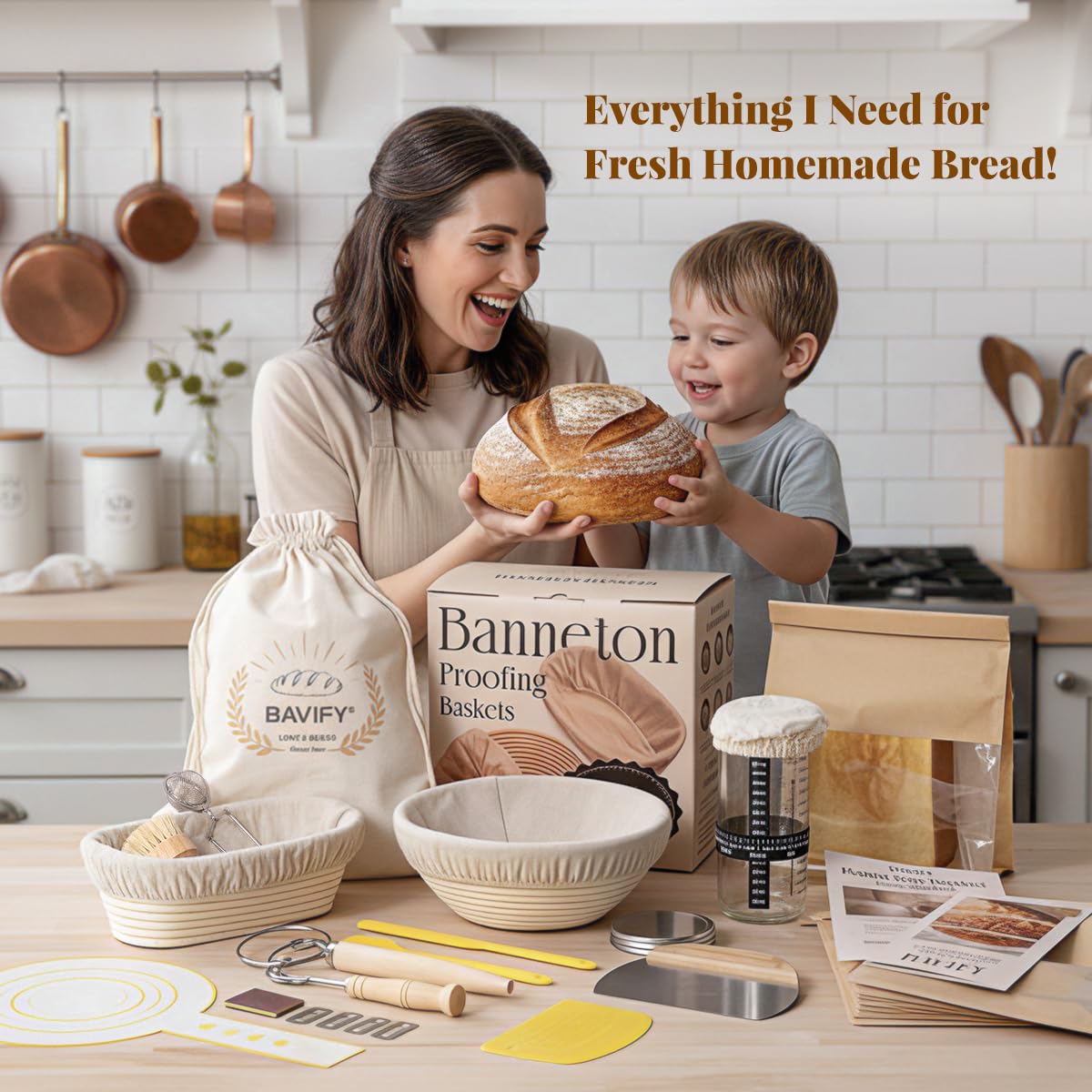 Sourdough Starter Kit, Banneton Bread Proofing Baskets Set, Sourdough Bread Baking Supplies Making Tools with Dough Scraper, Whisk, Bread Lame, Recipe