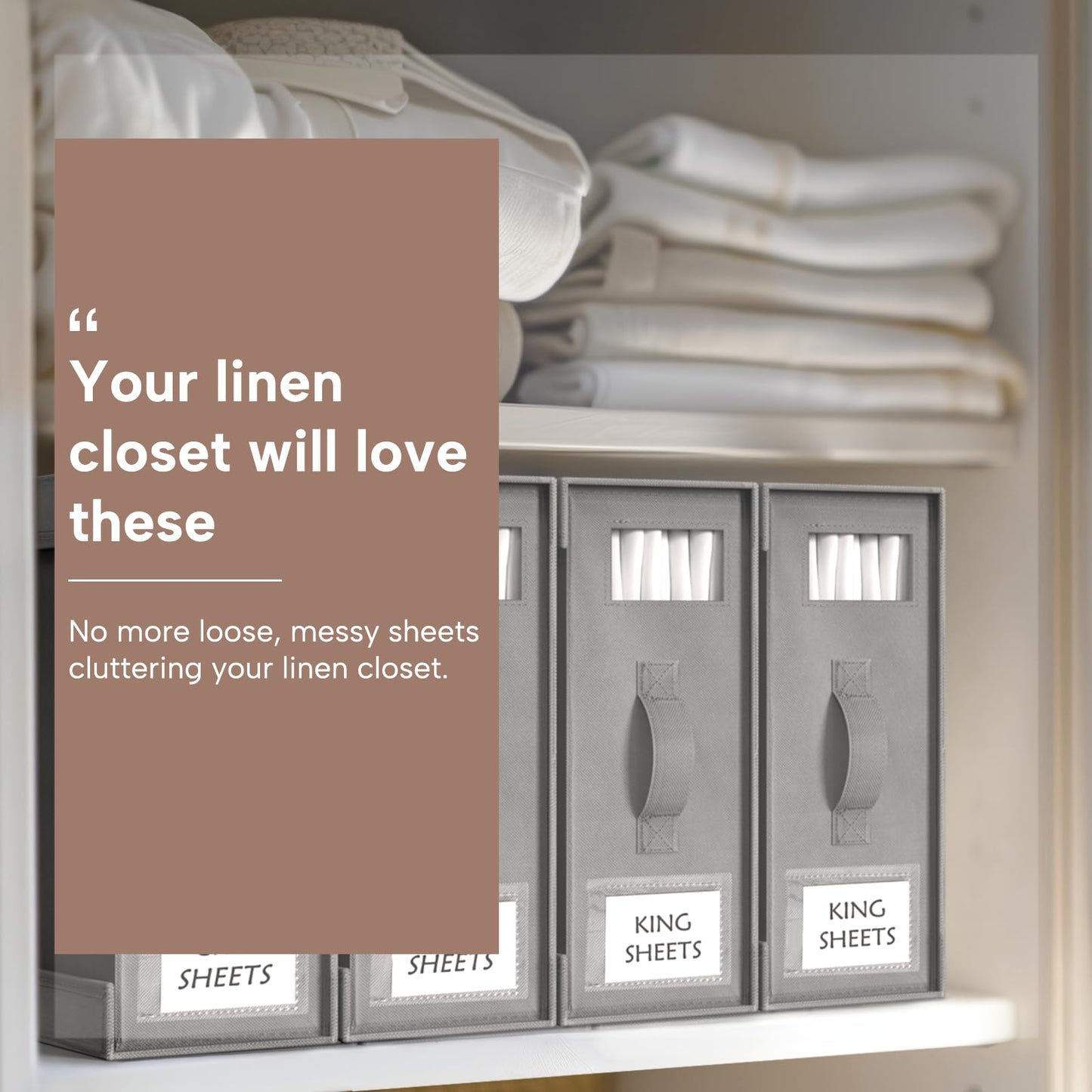 Criusia Bed Sheet Organizers and Storage, 8 Pack Foldable Linen Closet Organizer Box – Bedding Holder for Sheet Set (King/Queen Sizes), Duvet Covers, Blankets (Grey)